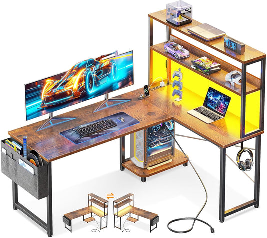 Casaottima Gaming Desk with Power Outlets & LED Lights, 53 Inch Reversible L Shaped Computer Desk with Shelves & Storage Bag, Corner Desk for Home Office, Vintage