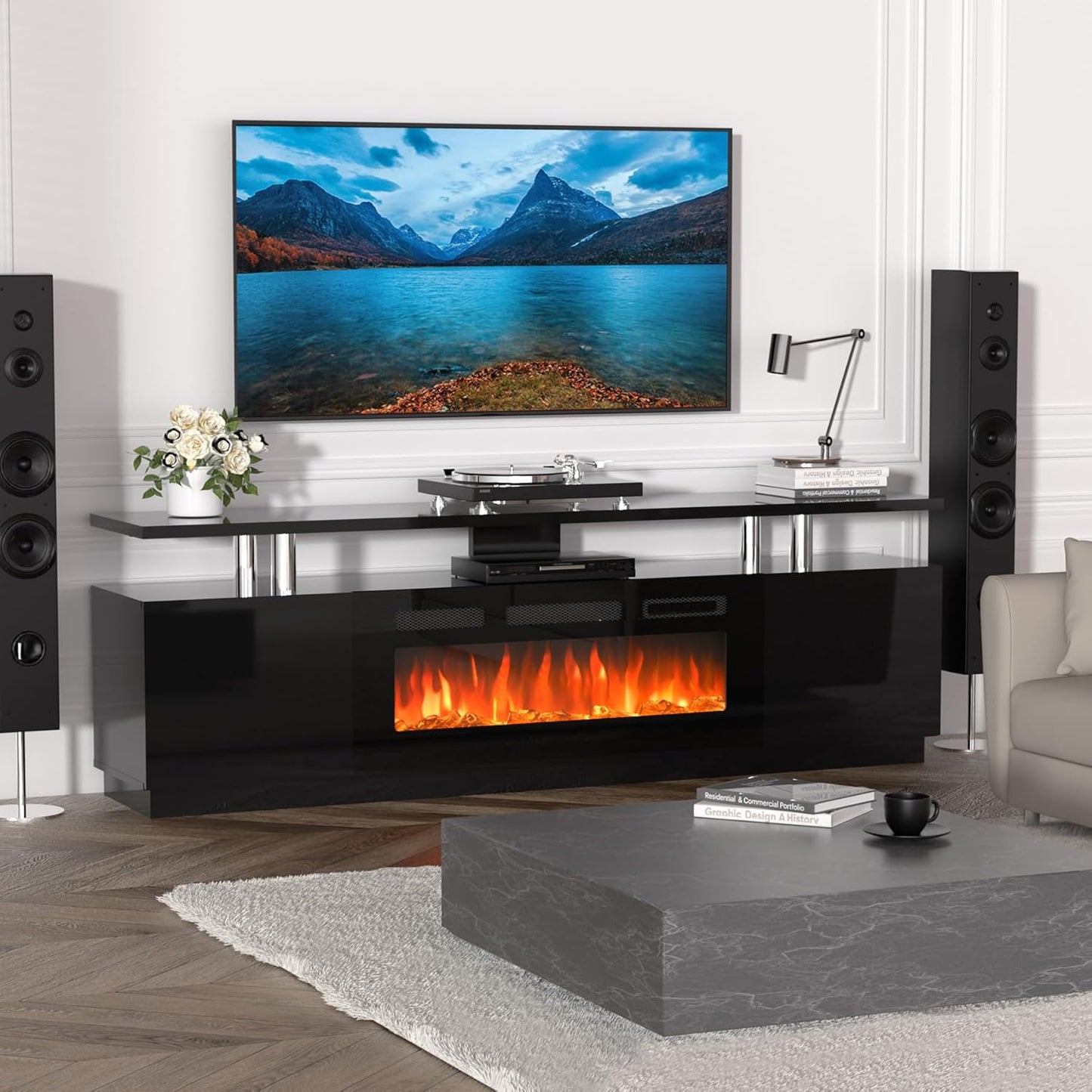70'' Fireplace TV Stand, Entertainment Center with 36'' Firplace, 2 Tier TV Console Cabinet with Storage Cabinet, Electric Fireplace Heater with LED Light and 12 Flame Colors, Black