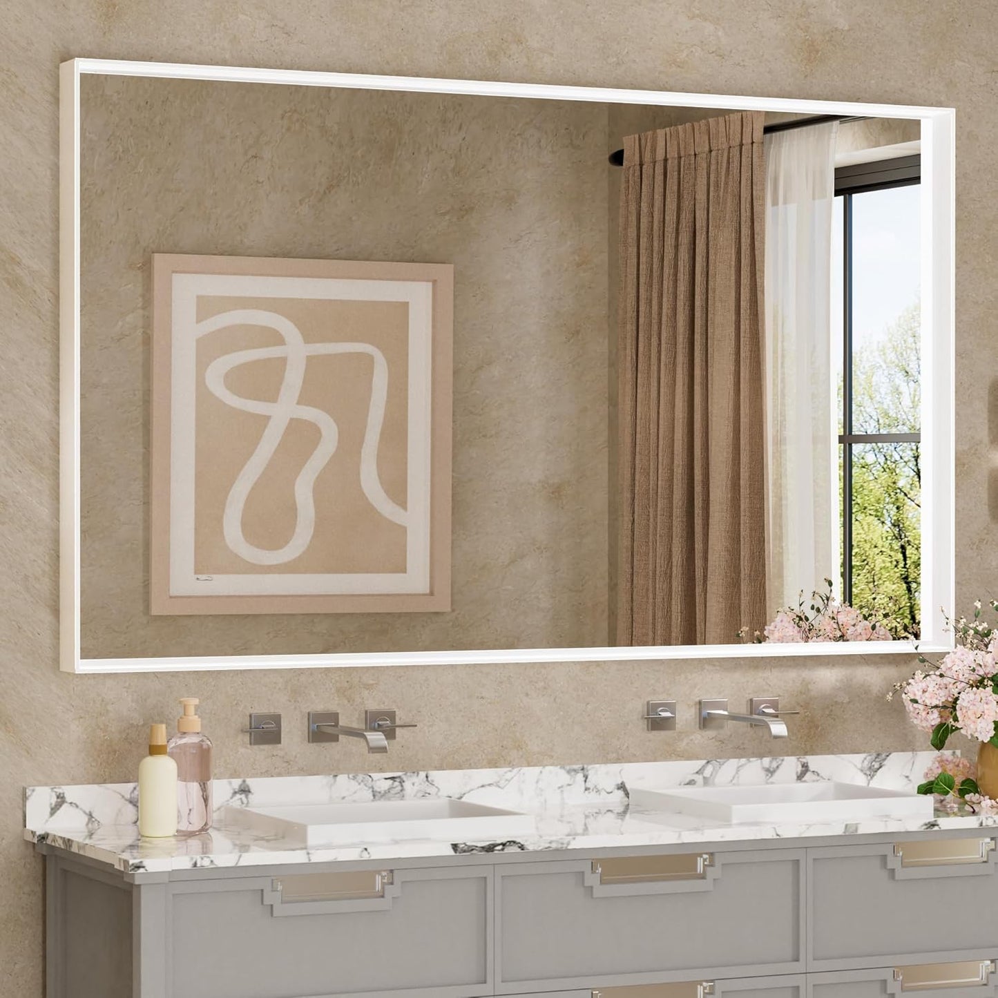 Keonjinn 60 x 36 Inch White Bathroom Mirrors Metal Framed Large Bathroom Mirror for Over Sink Metal Framed Rectangle Wall Mirror Modern Square Corner Matte White Rectangle Mirror(Horizontal/Vertical)