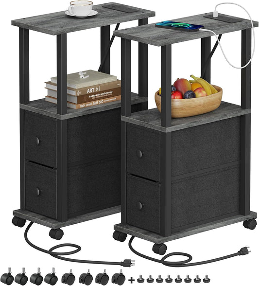 TUTOTAK Small Narrow End Tables, Side Tables with 2 Fabric Drawers, Set of 2, Bedside Tables with Charging Station for Small Spaces, Slim Nightstands with USB Ports and Wheels, TB01BY053