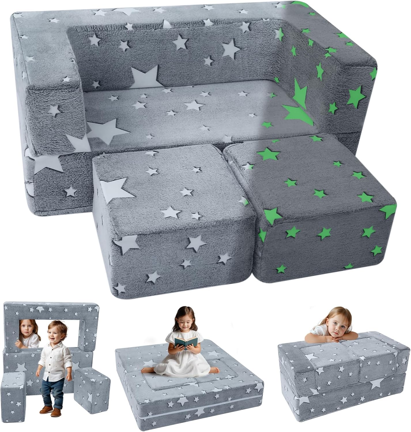 MeMoreCool Modular Kids Play Couch Sofa – Glow in The Dark Star Design, Fold-Out Toddler Couch for Playroom Furniture, Grey