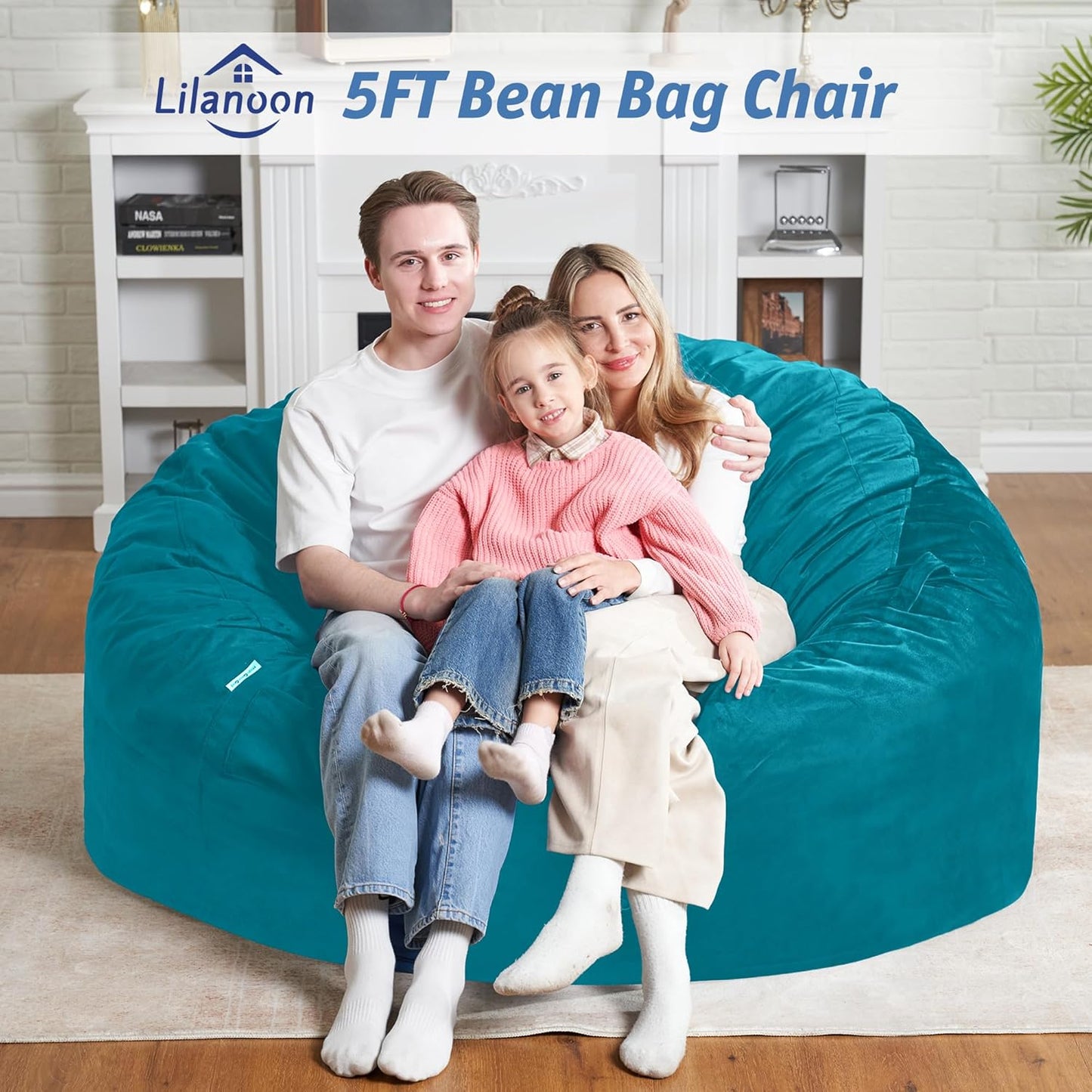 5FT Bean Bag Chair with Ultra Soft Velvet Cover Bean Bag Sofa with Memory Foam Bean Bag Chairs with Large Size Lazy Sofa for Dorm Office Living Room Bedroom Sea Blue 5'