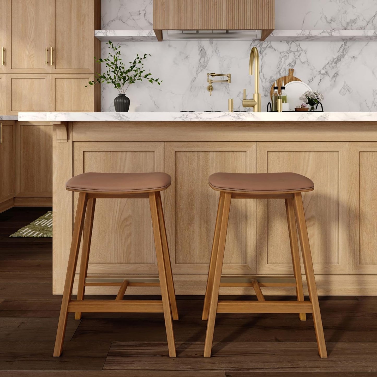 Plank+Beam Beryl Counter Height Stool - Mid-Century Modern Rubberwood Bar Stool with Faux Leather Seat, Metal Footrest, Easy Assembly, 4-Pack, Pecan/Toffee