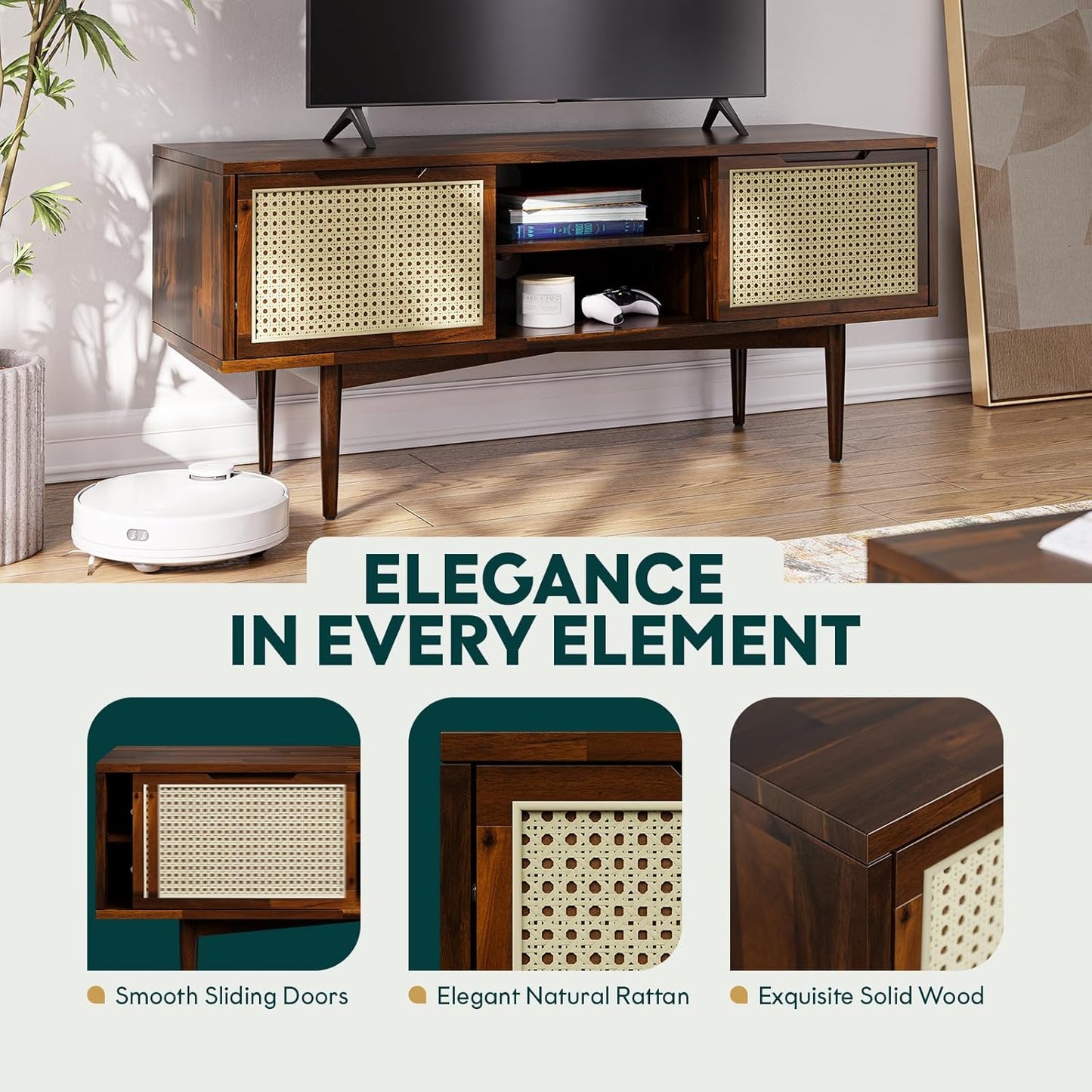 Bme Oliver TV Stand for TVs up to 55", Mid-Century Solid Wood TV Console with Natural Rattan Door, Media TV Console, Entertainment Center with Storage, Fluted Media Cabinet for Living Room, Walnut