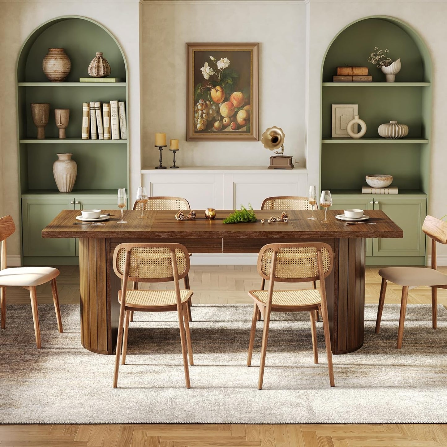 1Easylife 78.74 Inches Long Dining Table for 6, All Wooden Rectangle Kitchen Table, Vintage Dinner Table, Large Dining Room Tables with Half Round Pedestal Fence Design, Deep Brown