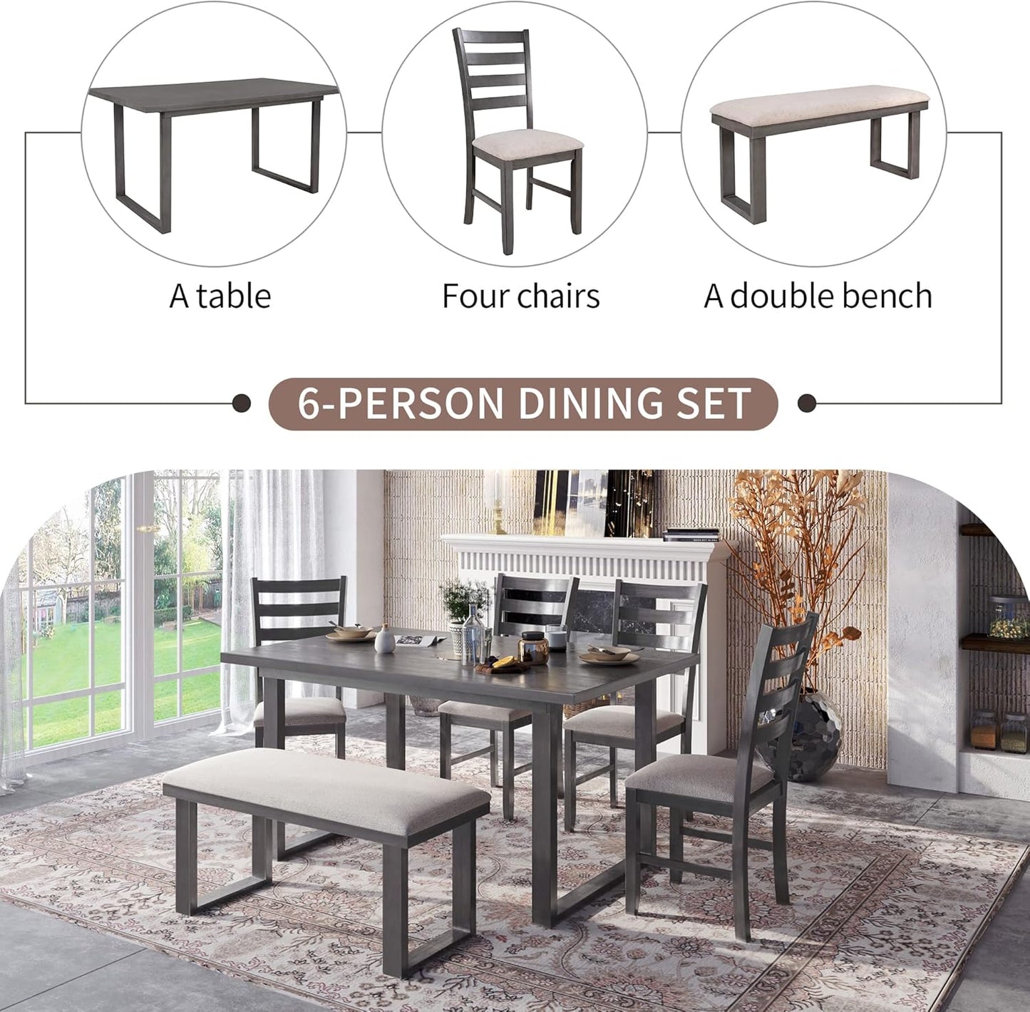 Ball & Cast 6 Piece Dining Table Set with 4 Ladder Back Upholstered Chairs and 1 Bench,Wooden Living Room Furniture W/ 60" Rectangle Kitchen Desk,for Restaurant,Home Bistro,Gray