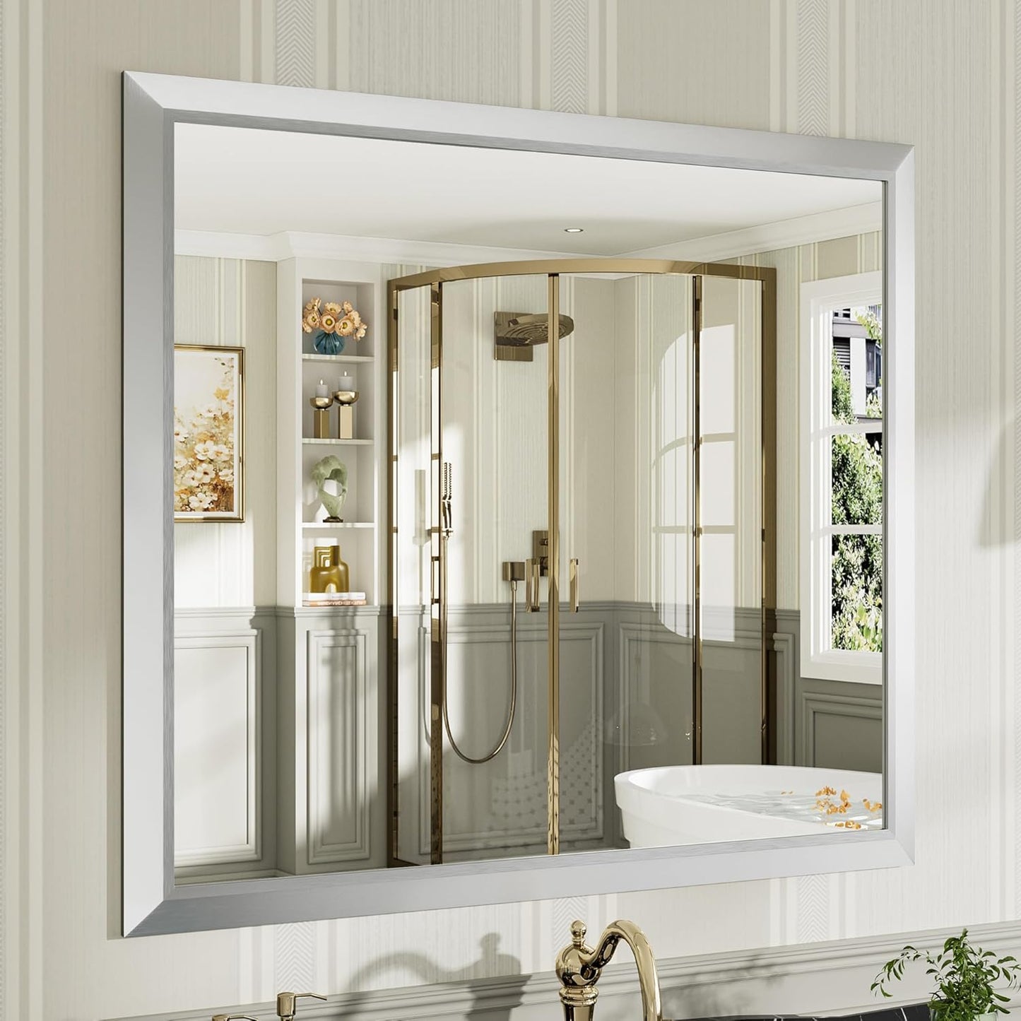 40x36 Inch Silver Bathroom Mirror for Wall, Thick Metal Framed Rectangle Mirrors for Over Sink, Bedroom, Living Room, Entryway, Anti-Rust, HD Tempered Glass