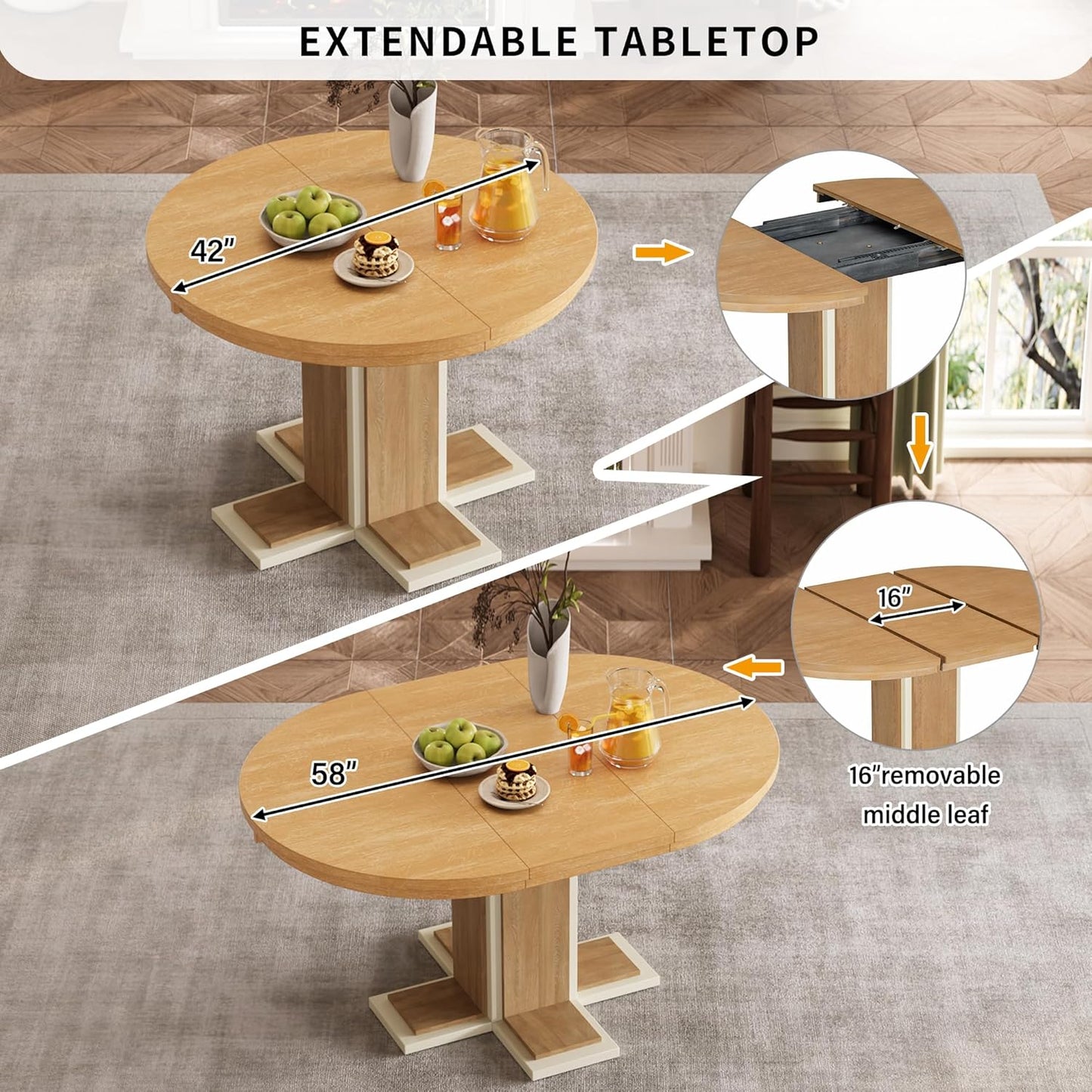 Ball & Cast Farmhouse Extendable Dining Table for 4-6, 42"-58" Extendable Kitchen-Table with a 16" Leaf, Round Ellipse Retro Wood Dining Room-Table w/Double Layer Base,Two Tone Color, Natural