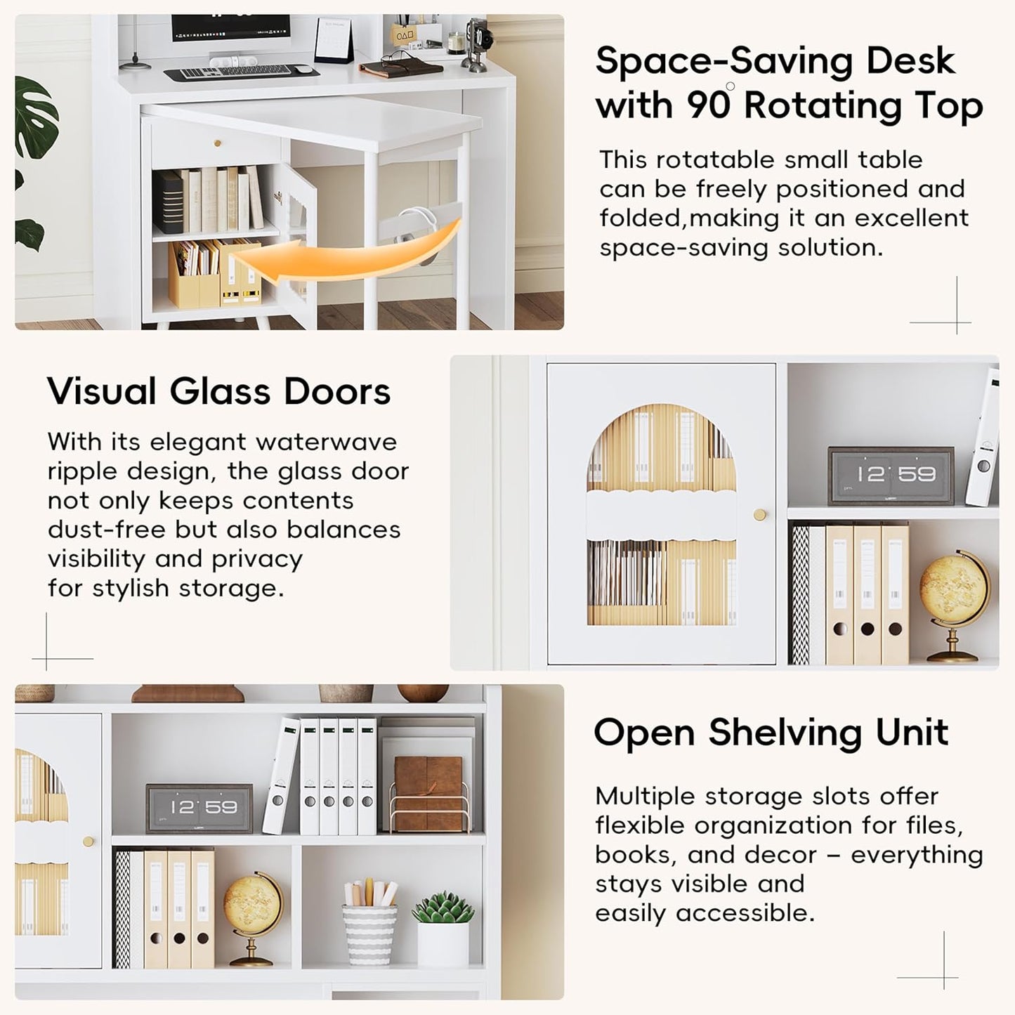 Merax Computer Desk with 90 Degree Rotating Desktop, L Shaped Office Desk with Storage Drawer and Cabinets, Writing Desk with Shelves for Study, Work Desk for Office Bedroom Living Room, White
