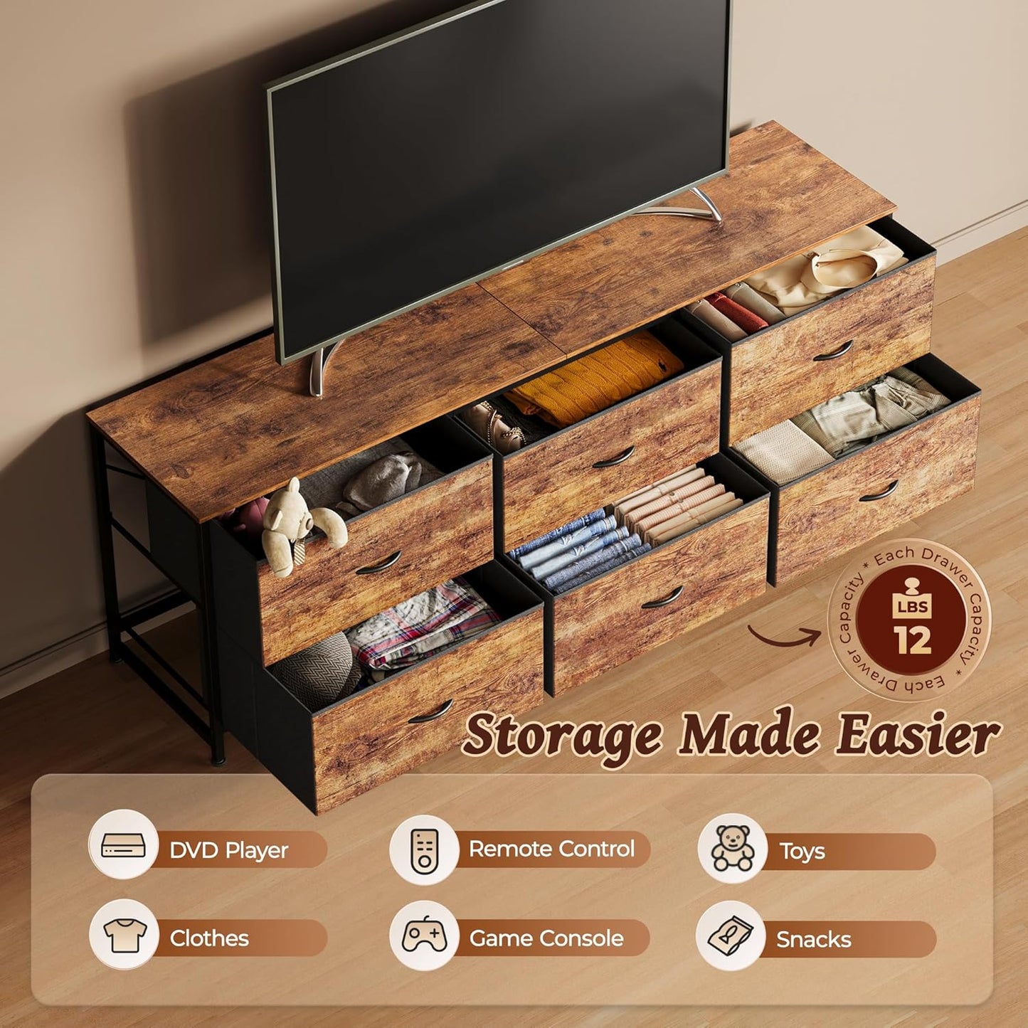 Huuger 63 Inch Long Dresser for Bedroom, Wide TV Stand for 55, 65, 70 Inch TV, 6 Drawer Dresser for Closet with Fabric Drawers, Storage Organizer for Bedroom, Entryway, Rustic Brown