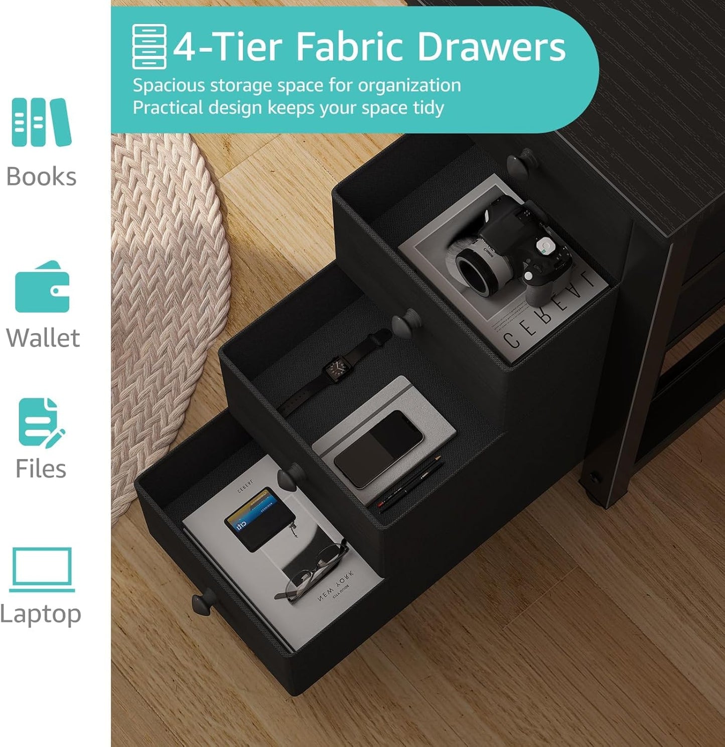 Lufeiya Gaming Desk with 4 Fabric Drawers & Storage Shelves, 55 inch Computer Writing Work Study Desk for Home Office Bedroom, Modern Simple Student PC Desks Table, Black