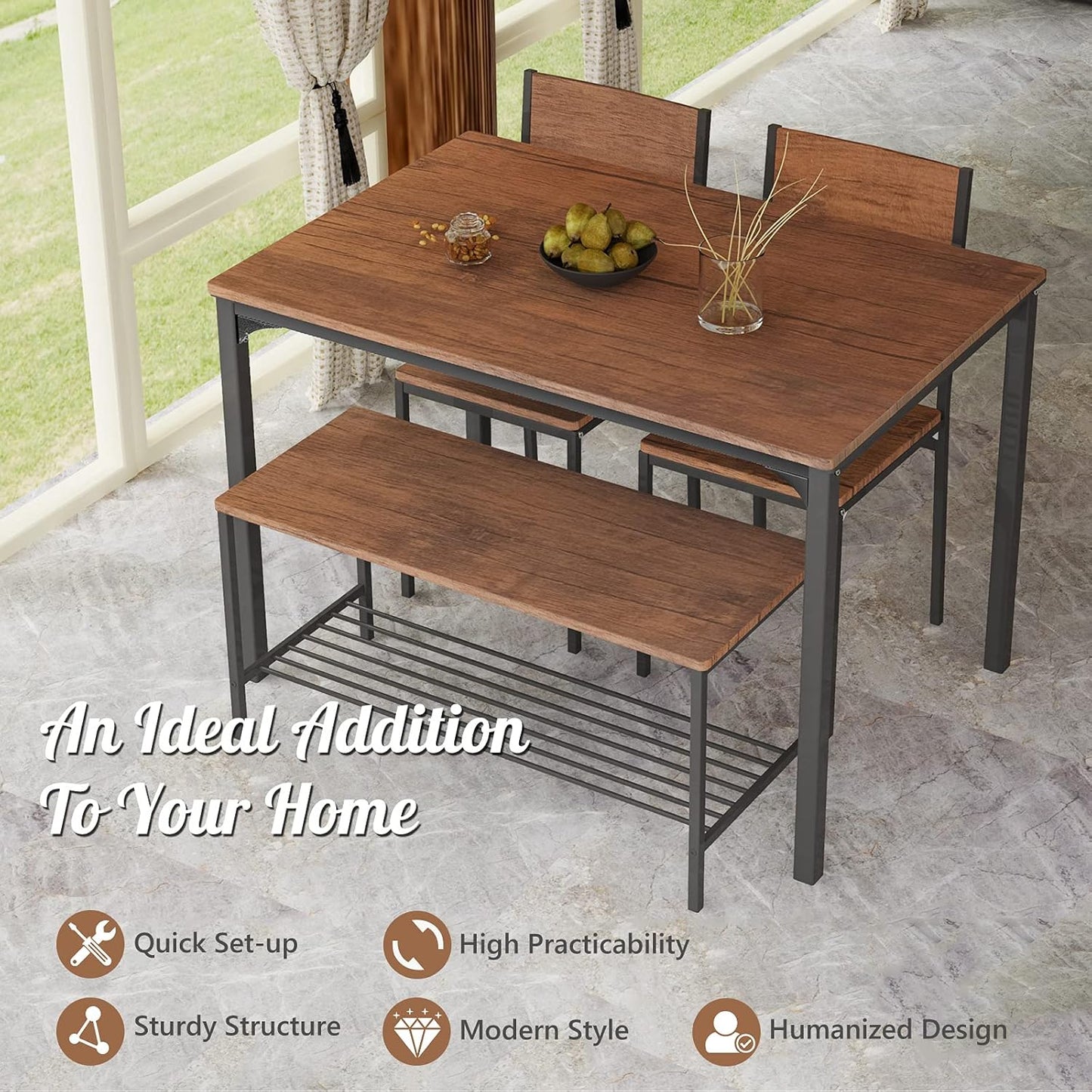 Giantex Dining Table Set for 4, 43" Kitchen Table and Chairs, Dining Bench with Metal Frame & Storage Rack, 4-Piece Modern Functional Desk Set for Dinette, Small Space, Apartment, Restaurant, Brown