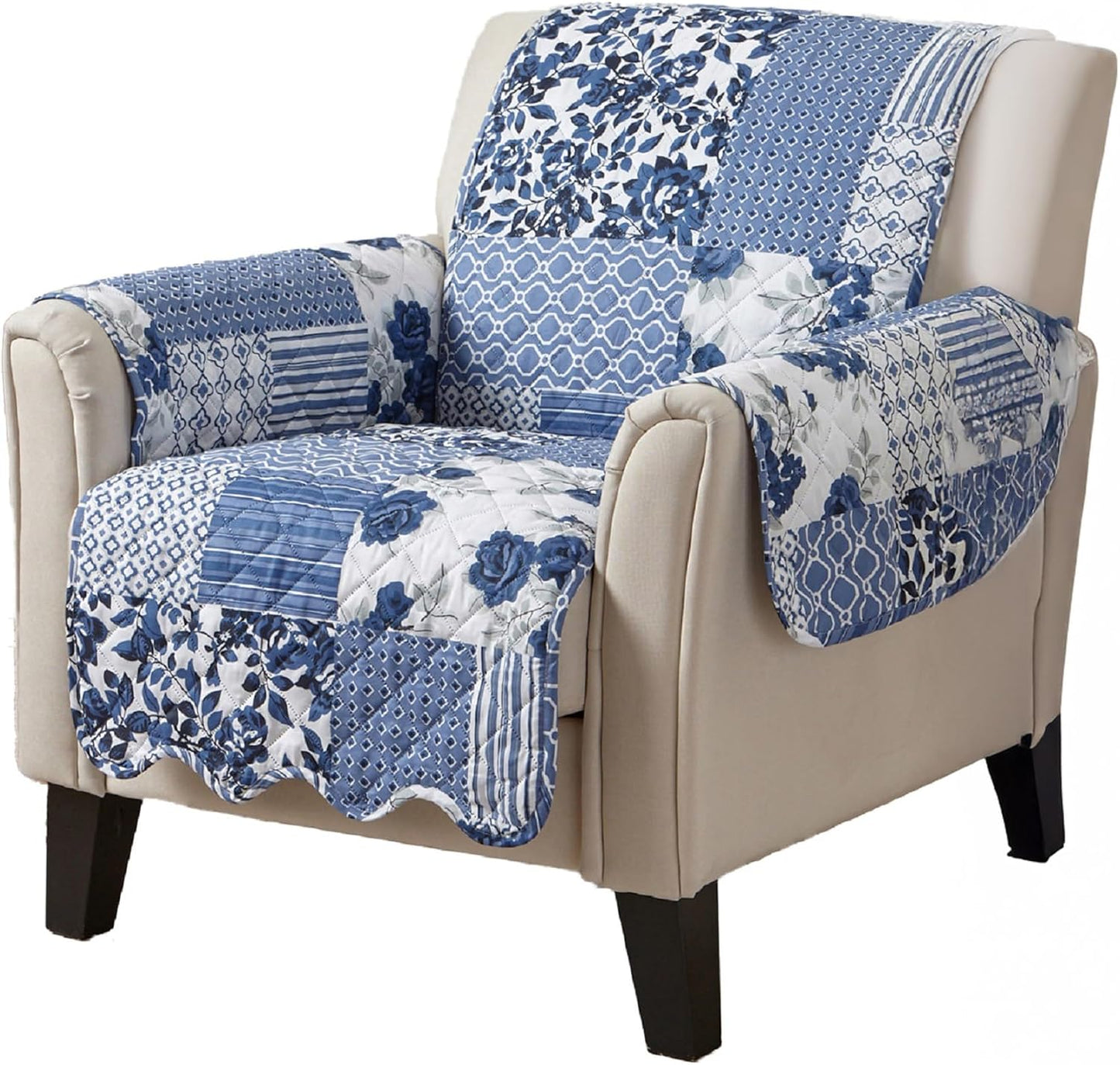 Great Bay Home Patchwork Scalloped Printed Furniture Protector Stain Resistant Chair Cover (Chair, Navy)