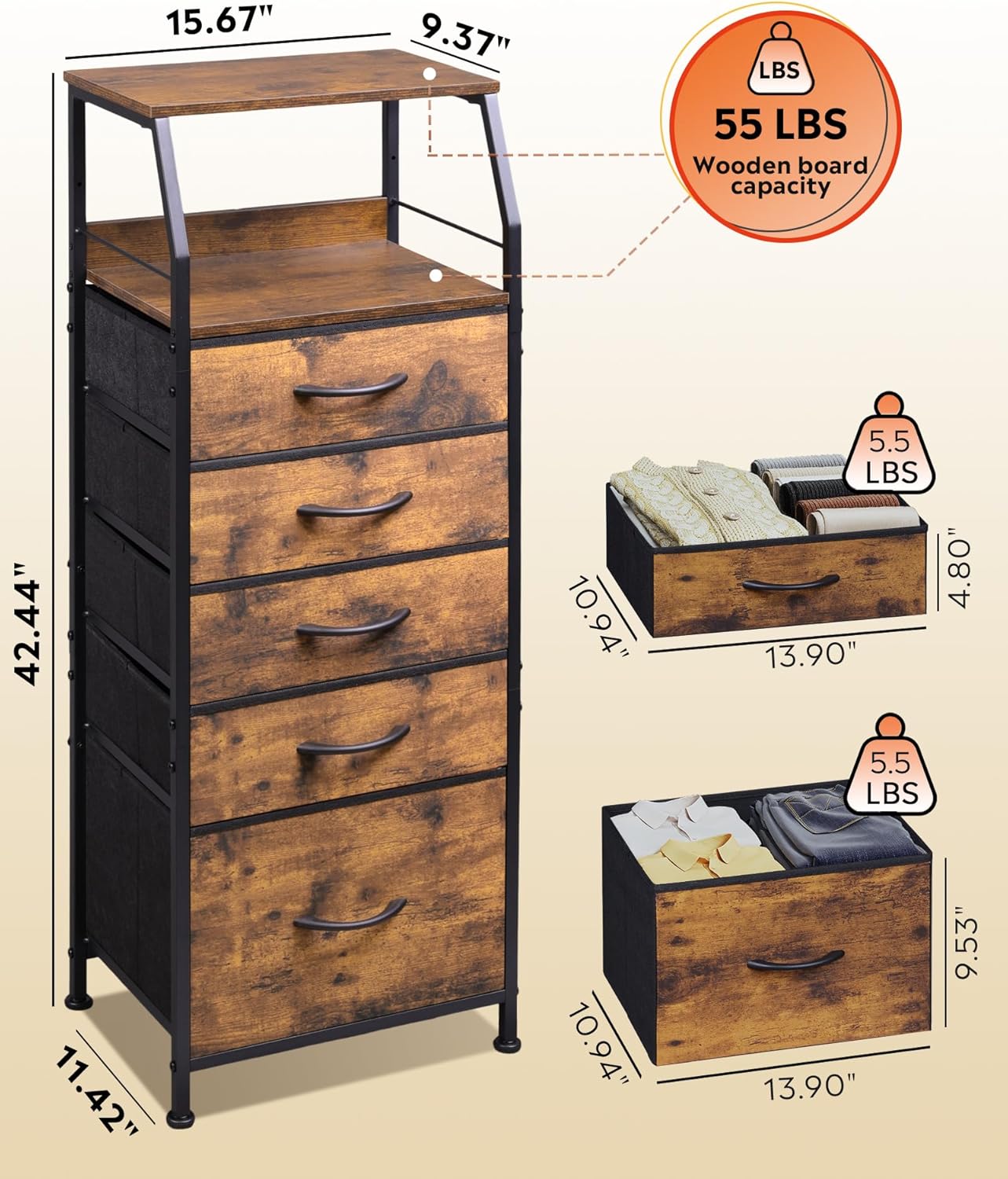 WLIVE Tall Night Stand with 5 Fabric Drawers, Bedroom Nightstand with 5 Drawers & 2 Open Shelves, Fabric Dresser Organizer, Sturdy Steel Frame Bedside Table, Rustic Brown Wood Grain Print