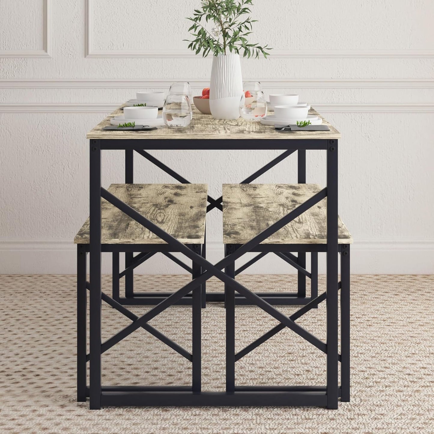 VECELO Kitchen Table with 2 Benches for 4, 43.3'' Wood Dining Room Dinette Sets with Metal Frame for Breakfast Nook and Small Space, Grey