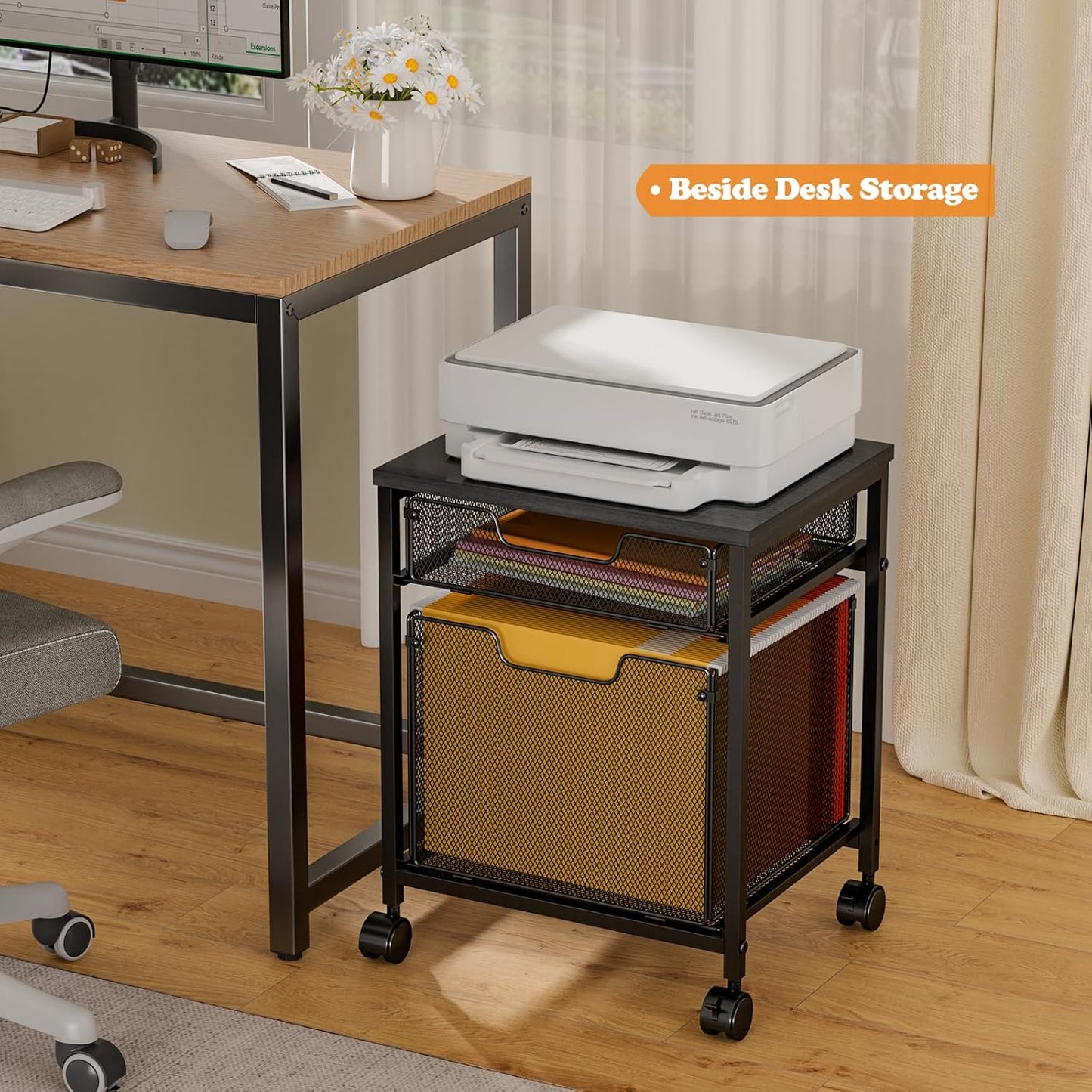 Rolling File Cabinet Cart, Printer Stand with Storage Drawer, Mobile Filing Cabinet on Lockable Wheel, Printer Cart with Hanging File Folder Organizer Beside Under Desk for Office Home(Patent Pending)