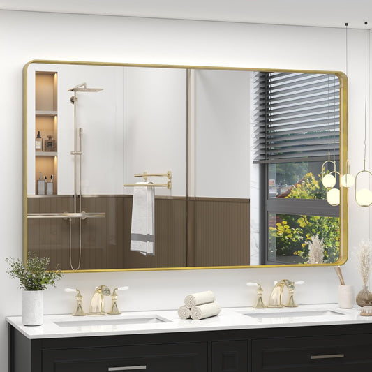 60x36 Inch Gold Framed Bathroom Mirror, Rectangle Brushed Gold Metal Vanity Mirror, Gold Rectangle Mirror for Wall, Rounded Corner, Tempered Glass, Anti-Rust, Shatterproof (Horizontal/Vertical)