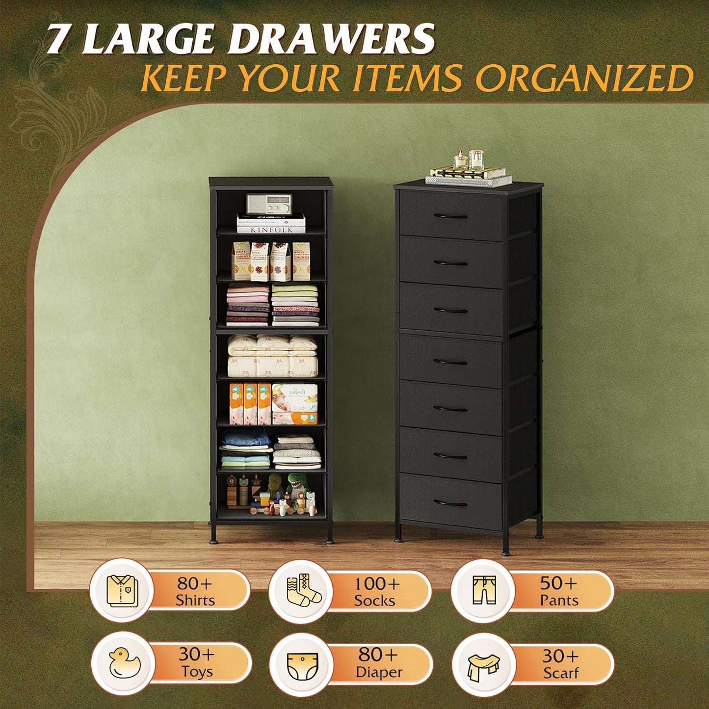 WLIVE Black Tall Dresser for Bedroom, 7 Drawer Dressers & Chests of Drawers, Fabric Dresser for Closet, Living Room, Night Stand with Metal Frame, Storage Tower with Fabric Bins, Wood Top