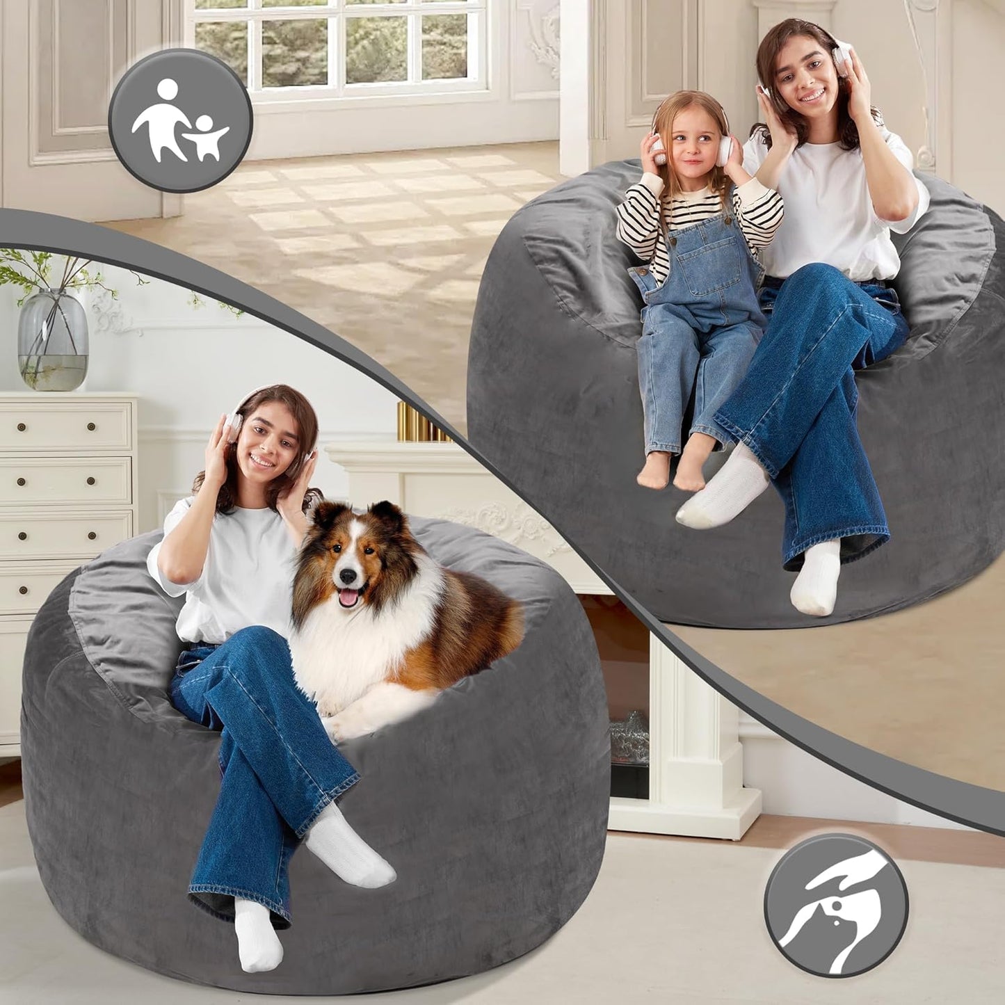 Homguava 3FT Bean Bag Chair: 3' Bean Bags with Memory Foam Filled, Large Beanbag Chairs Soft Sofa with Dutch Velvet Cover-Grey