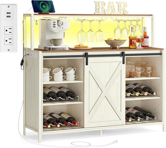 VASAGLE Coffee Bar Cabinet with Power Outlet and Voice Control LED Light, Buffet Cabinet with Sliding Barn Doors, S Hooks, Wine Glass Racks, Bottle Holders, Rustic White and Honey Brown ULSC201W01