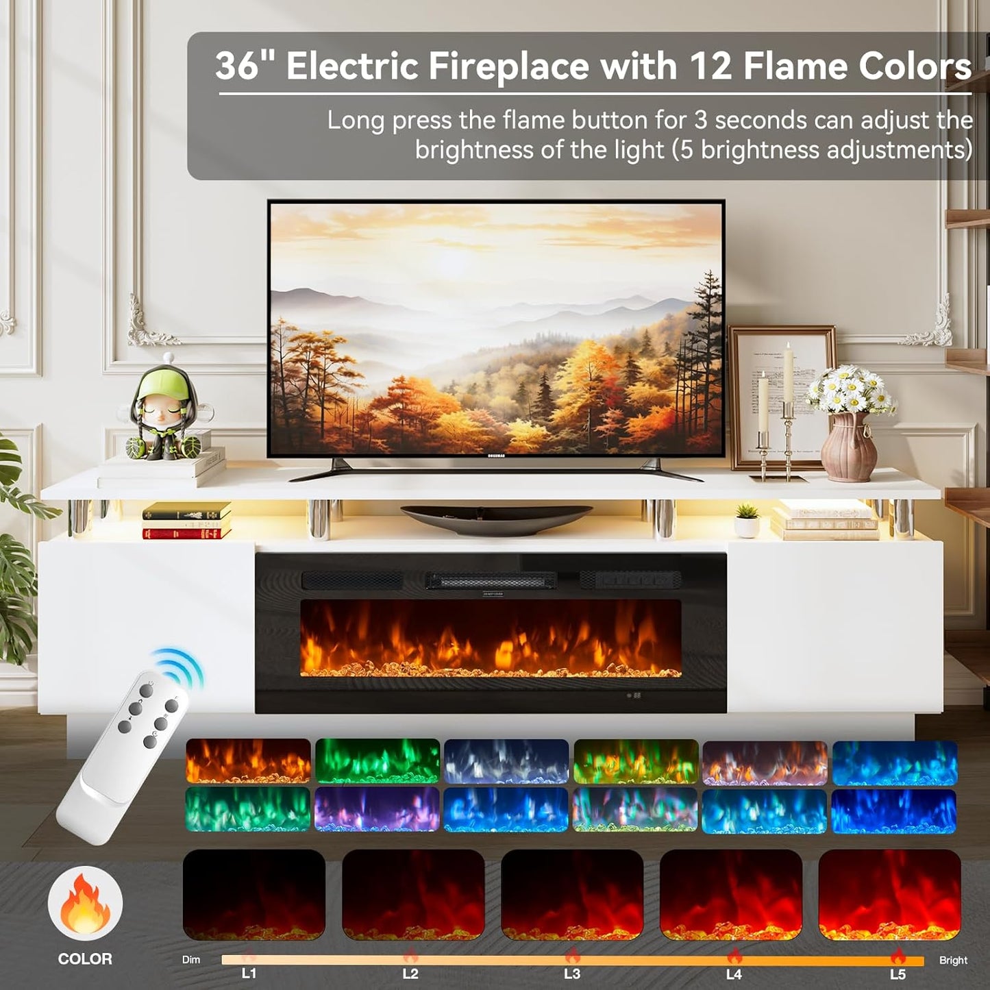 70" TV Stand & Entertainment Center, Media Console with Storage Shelves, Fits TVs up to 80", Modern Living Room Furniture, 36" Electric Fireplace (White+Black)