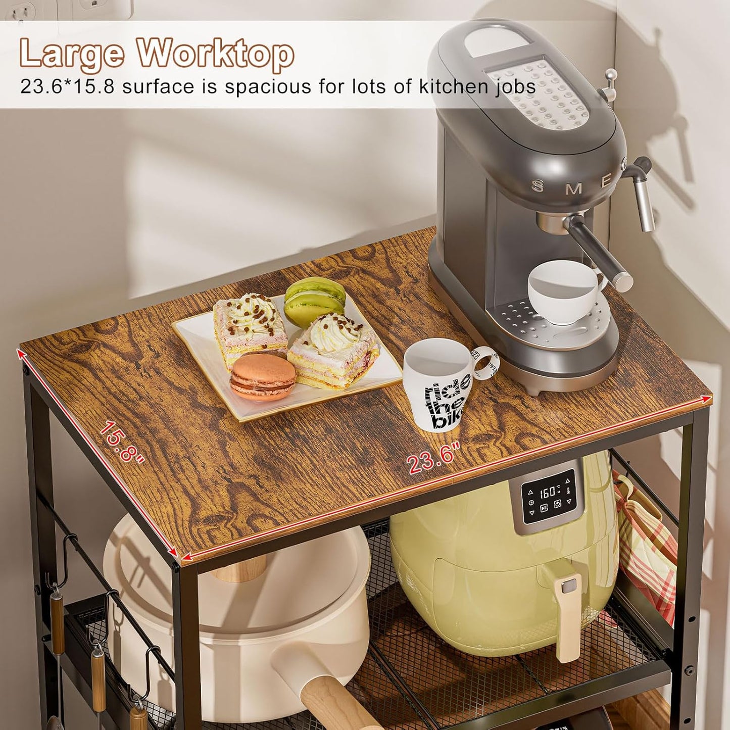 Microwave Cart with Adjustable Drawer Slider Shelves, 3 Tier Rolling Kitchen Microwave Stand with Storage, Small Kitchen Utility Cart on Lockable Wheels, Coffee Cart with Hooks