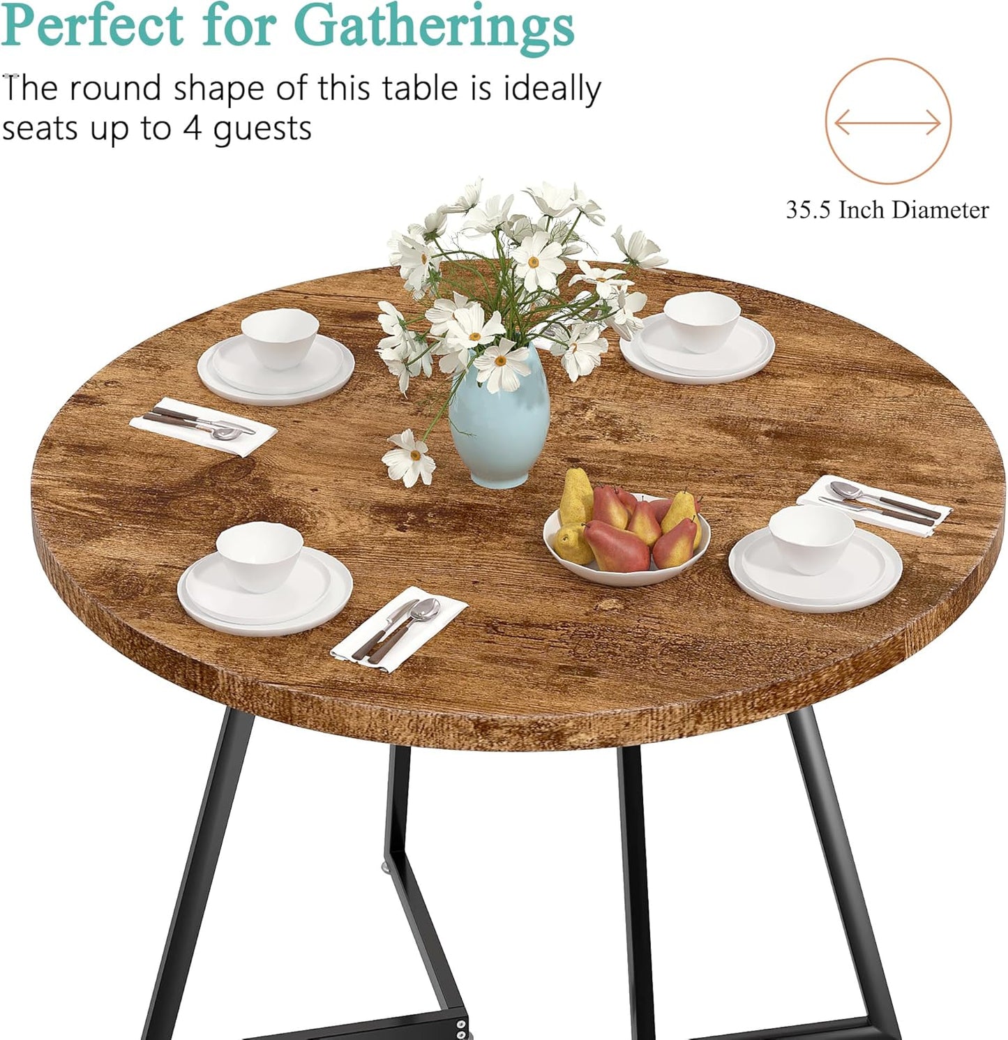 VECELO 35" Round Dining Table for 4, Wood-Grain Tabletop & Heavy-Duty Steel Frame, for Kitchen, Living Room, Easy Assembly, Antique Brown