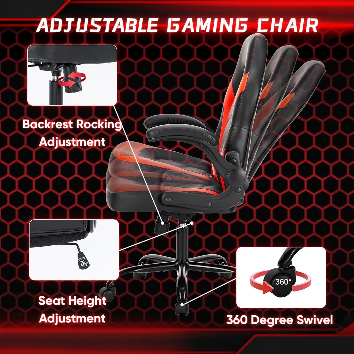 OLIXIS Computer Gaming Desk Chair - Big and Tall Ergonomic Comfy Lumbar Support with Flip-up Armrest and 360° Swivel Wheels, PU Leather Height Adjustable, for Home and Office, Red