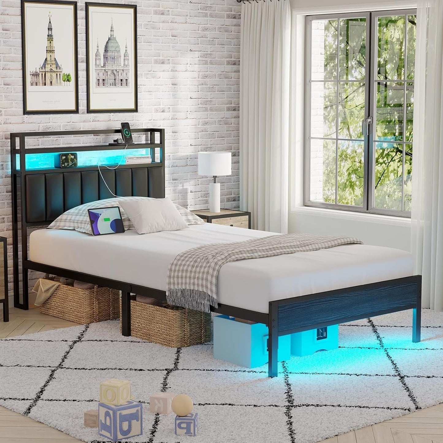 Twin Bed Frame with Headboard,Classic Metal Platform Bed Frame-LED Bed Frame with USB Charging Station,Mattress Foundatione-Under Bed Storage,No Box Spring Needed,Noise Free