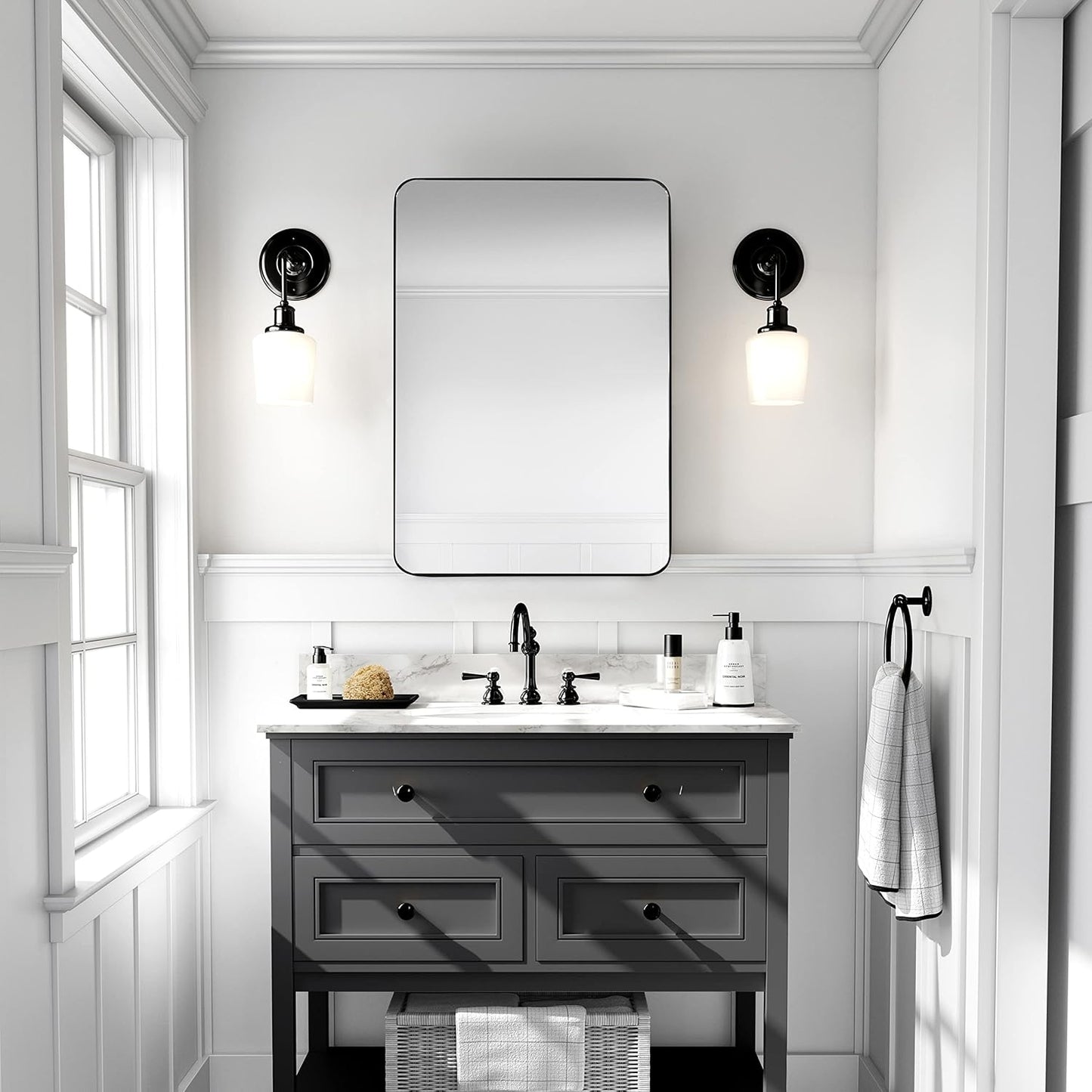 Black Bathroom Mirrors for Over Sink, 24 x 36 Inch Rounded Corner Rectangle Bathroom Vanity Mirror for Wall, Hangs Horizontally or Vertically