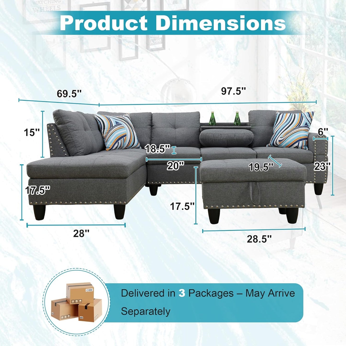 97.5" Oversized Sectional Couch, L Shaped Couch with Storage Ottoman, Modern Modular Sofa with Deep Seat, Sectional Couches for Living Room and Office, Grey (Linen)