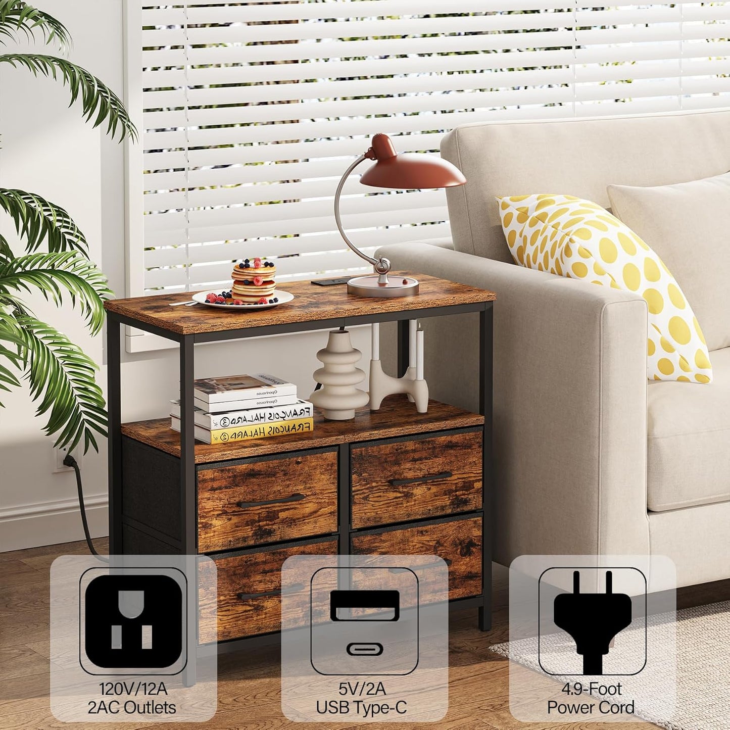 TUTOTAK LED Night Stand with Charging Station, Large Nightstand with USB and Type-C Port, Bedside Table with Cloth Drawers, End Table for Livingroom, Bedroom, Brown TB01BB081L