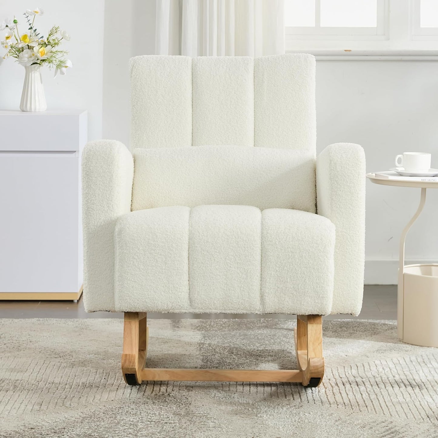 Christopher Knight Home Mapo Wooden Rocking Chair Indoor, Teddy Upholstered Spacious Rocker Chair with Pillow, Comfy Rocking Chair with Armrest for Bedroom, Living Room, Offices, Cream White