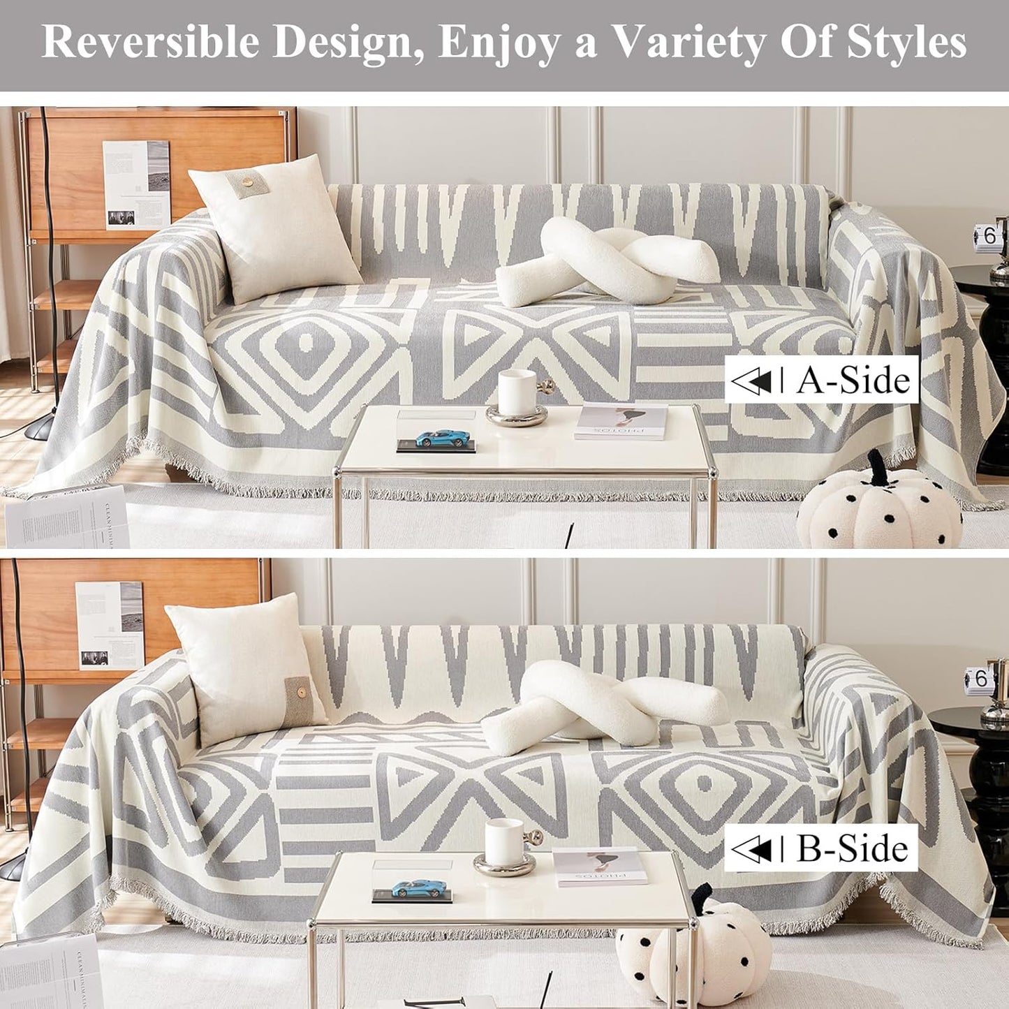 STACYPIK Boho Gray White Cream Sofa Cover Reversible Triangle Geometric Couch Cover Protector Cover Washable Jacquard Furniture Protector for 3 Cushion Couch Multi-Use Sectional Sofa Cover-91X150IN