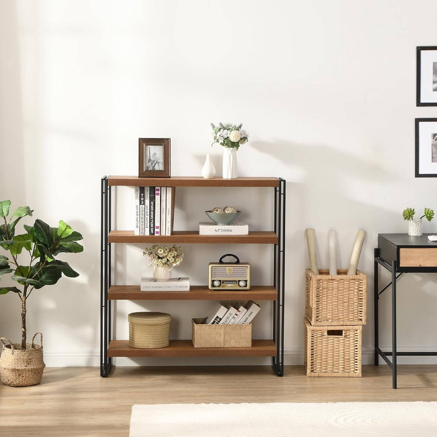 4 Tier Bookshelf Rustic Industrial Bookcase with Modern Open Wood Shelves, Brown