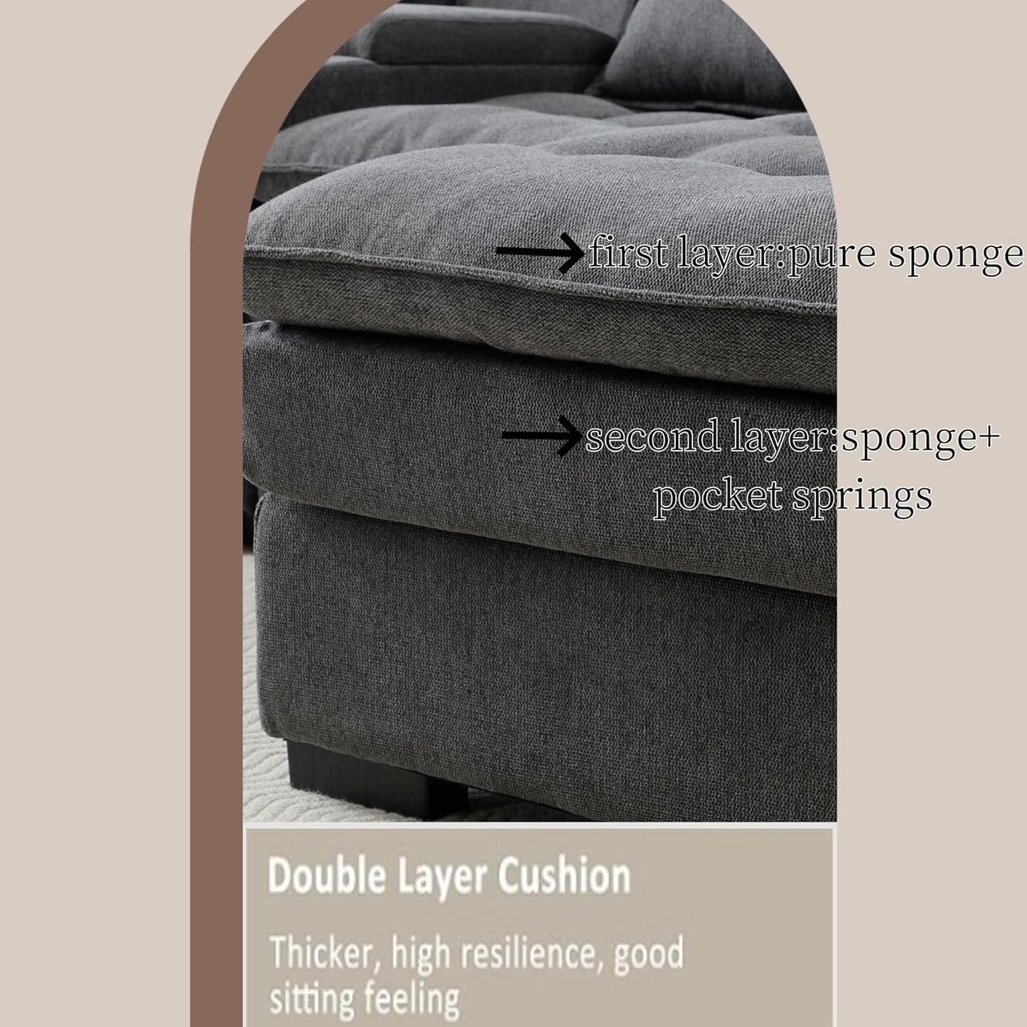 KEIKI 130" U-Shaped 6 seat Sofa with Storage Console, Cup Holders, Upholstered Sectional Sofa, Button Tufted Cloud Cushion Couch for Home, Office, Apartment, Gray