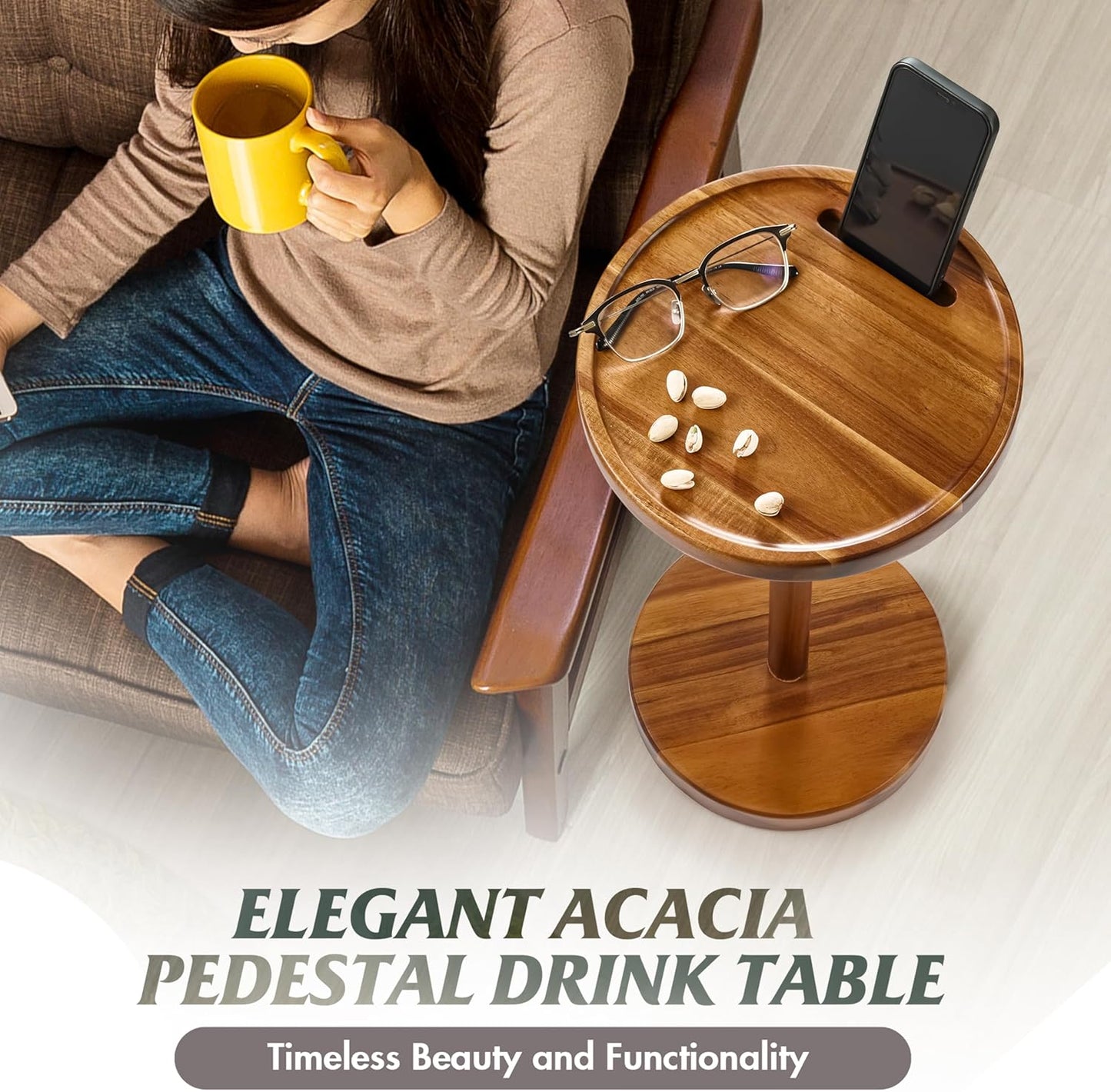Drink Table, 24.4" Tall Compact Side Table with Phone Slot and Weighted Base, Durable Pedestal Table Accent for Living Room (Flat, Acacia)