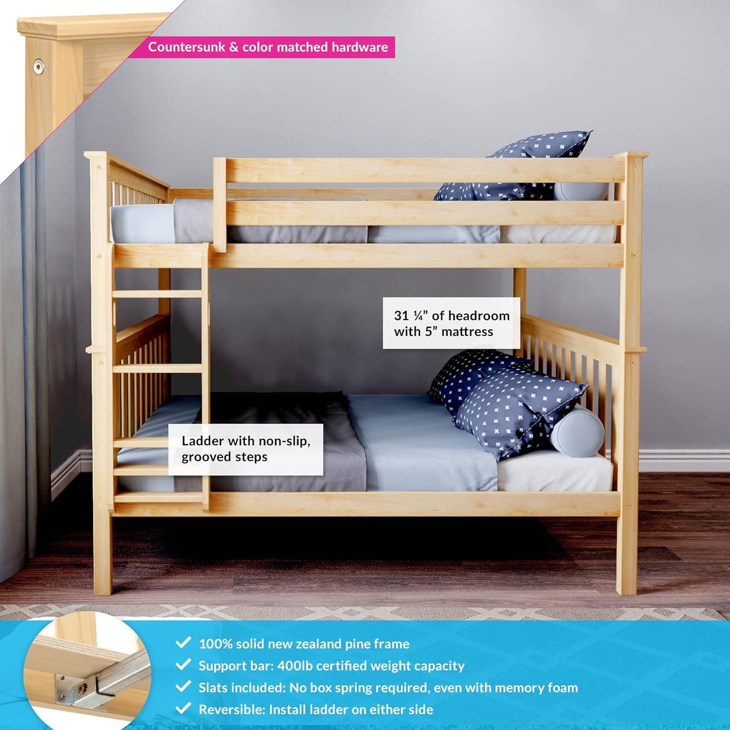 Max & Lily Full Over Full Bunk Bed with Ladder, Solid Wood Platform Bed Frame for Kids, 14" Safety Guardrails, Easy Assembly, No Box Spring Needed, Natural
