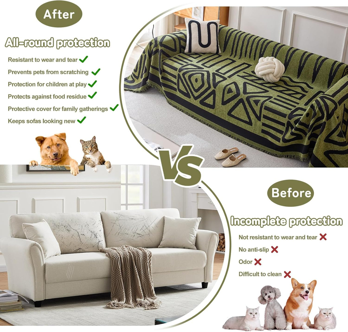 HANDONTIME Boho Geometric Couch Covers for Sofa Pet Friendly Avocado and Black Sofa Covers Washable Chenille Couch Blanket Cover for 1 2 Cushion Couches Pet Protector Furniture Cover Soft, 71" X 102"