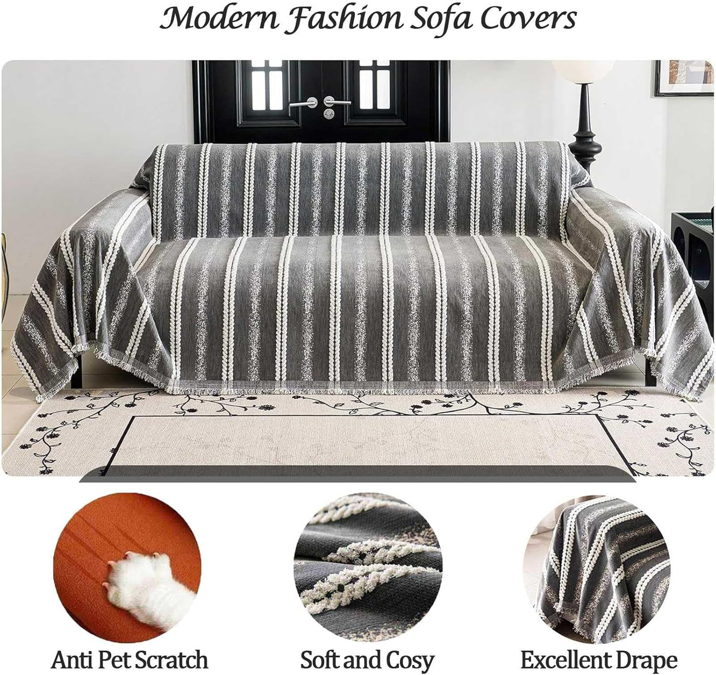 Couch Cover for Dogs Washable Sofa Cover, Sectional Couch Covers, Sofa Covers for 2 Cushion Couch, Non Slip Stripe Sofa Slipcovers Furniture Protector, Couch Protector from Cat Claws, Grey,75''x102''