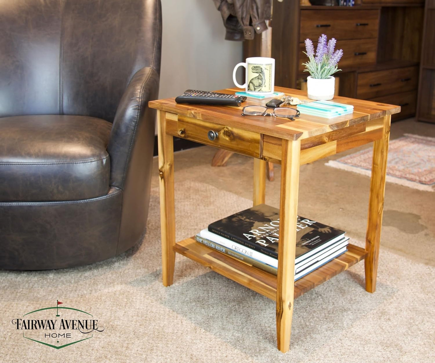 2-Tier Solid Acacia End Table w/Drawer
