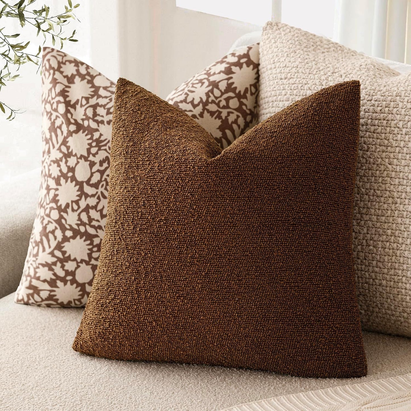 Foindtower Set of 2, Decorative Textured Boucle Throw Pillow Covers Accent Solid Pillow Cases Neutral Soft Cozy Couch Cushion Case for Chair Sofa Bedroom Living Room Home Decor 26x26 Inch Hazel Brown