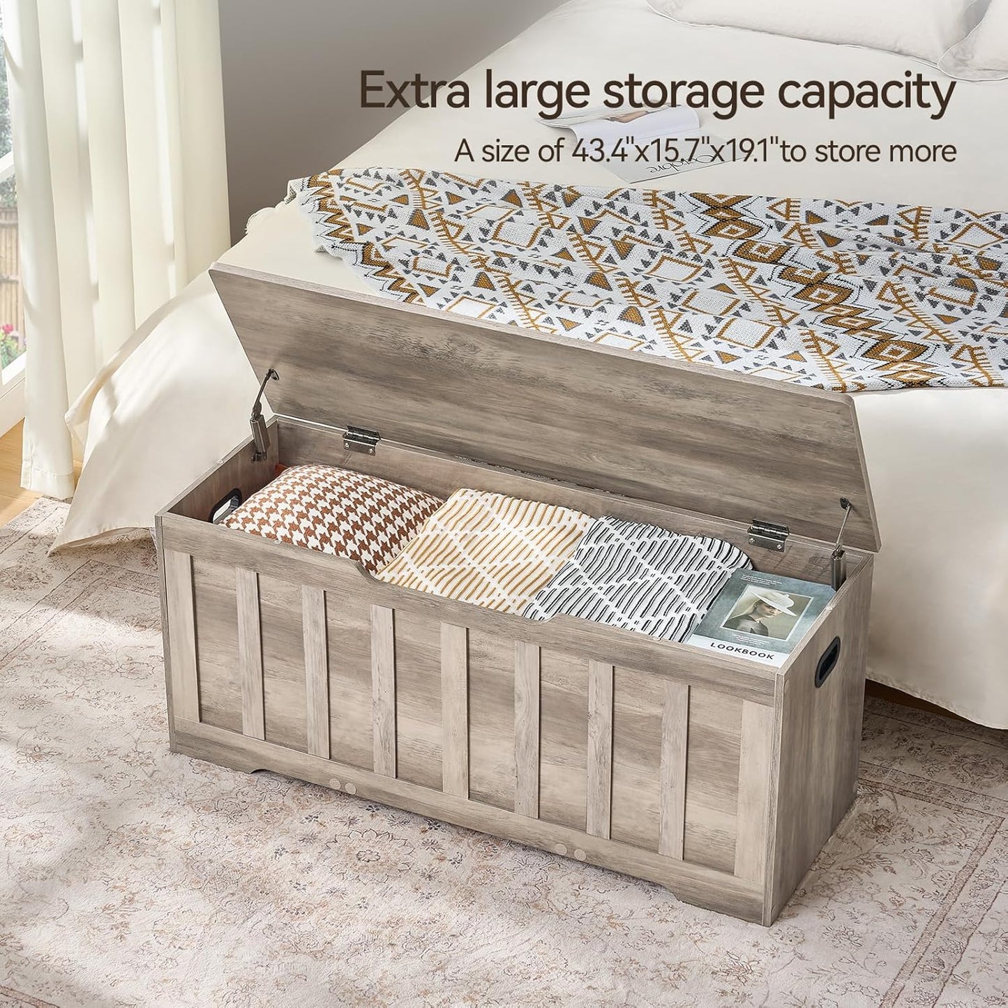 43.3" Storage Chest Extra Large,Storage Trunk with 2 Safety Hinges,Wooden Storage Bench,Shoe Bench,43.3x15.7x19.1 Inch,Easy Assembly,Storage Bench for Bedroom,Living Room,entryway(Greige).