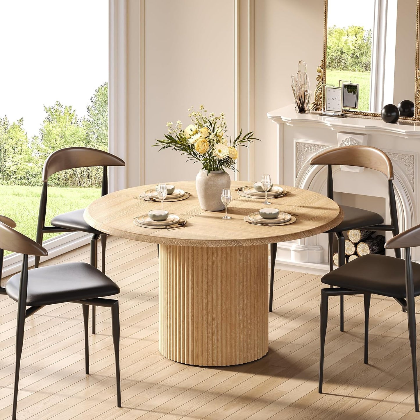 LITTLE TREE 47 Inches Round Dining Table for 4, Farmhouse Natural Wooden Dining Room Table with Fluted Pedestal, Large Circle Kitchen Dinner Table for Dining Room, Living Room (Table Only)