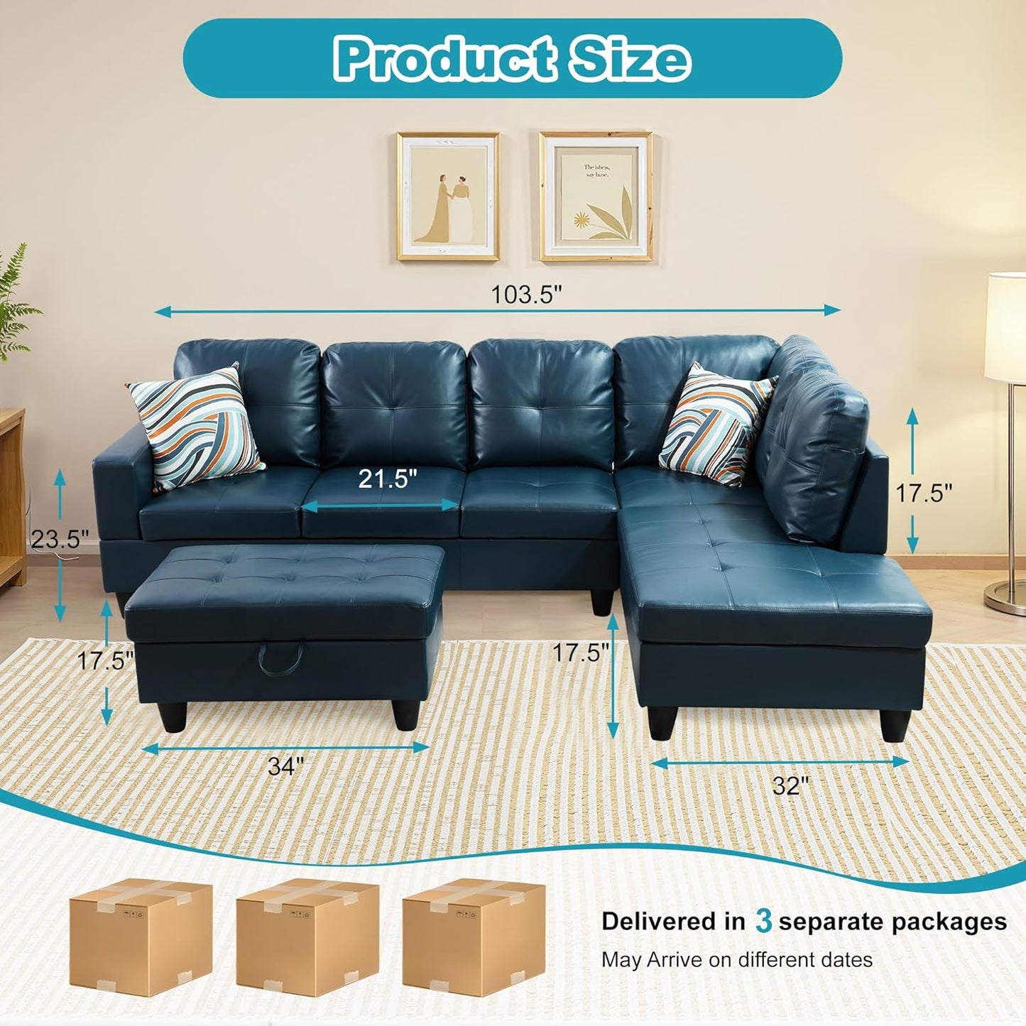 Couches for Living Room PU Leather L Shaped Couch Comfy 3 Pieces Sectional Sofa with Chaise, Ottoman with Storage for Office and Small Apartment, Peacock Blue