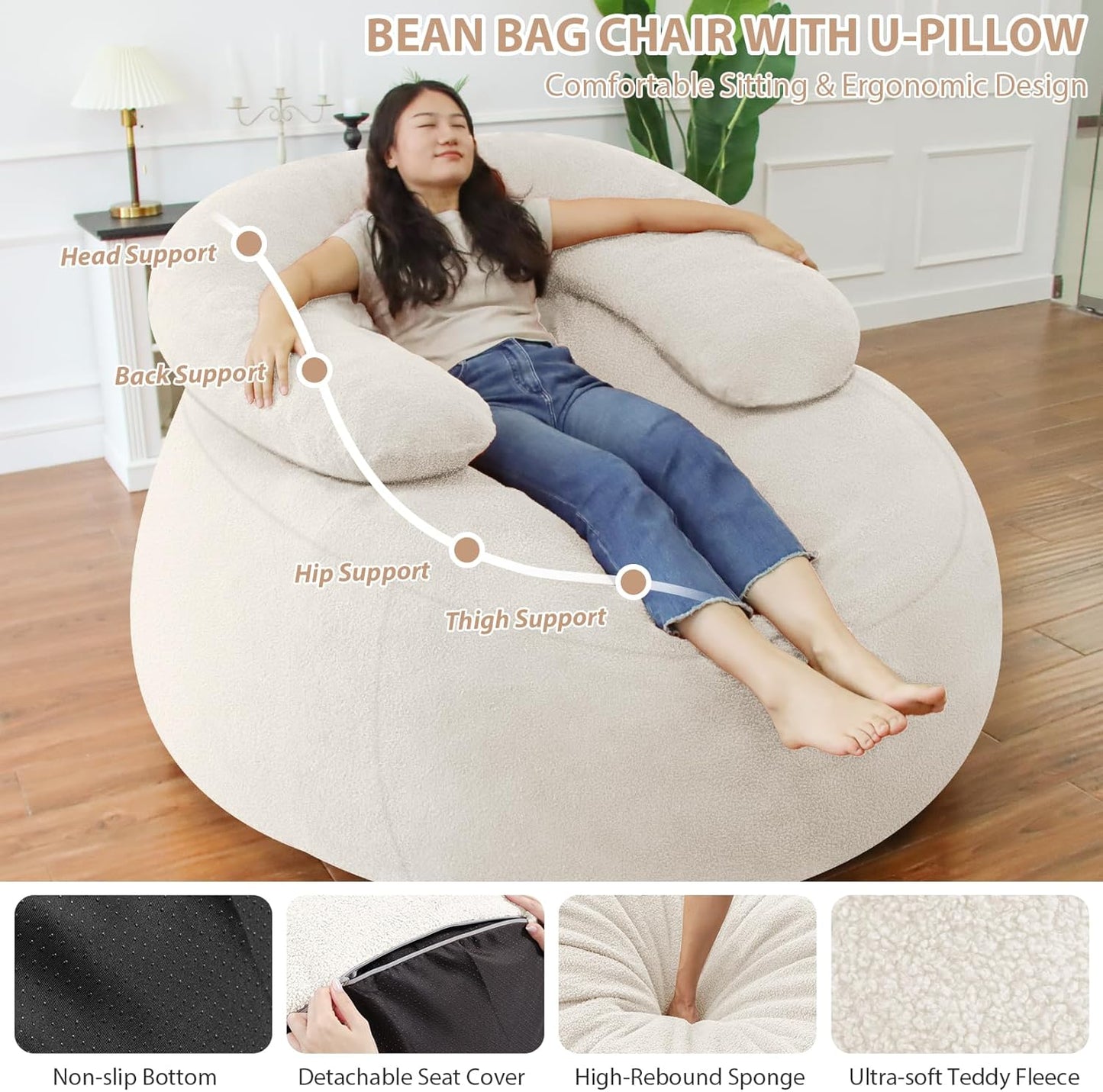 HABUTWAY Bean Bag Chair with U-Shaped Pillow for Adult and Kids Big BeanBag Chair with Filling Ultra Soft Teddy Fleece Couch Chair with Washable Cover for Living Room Bedroom Office, Beige & Beige