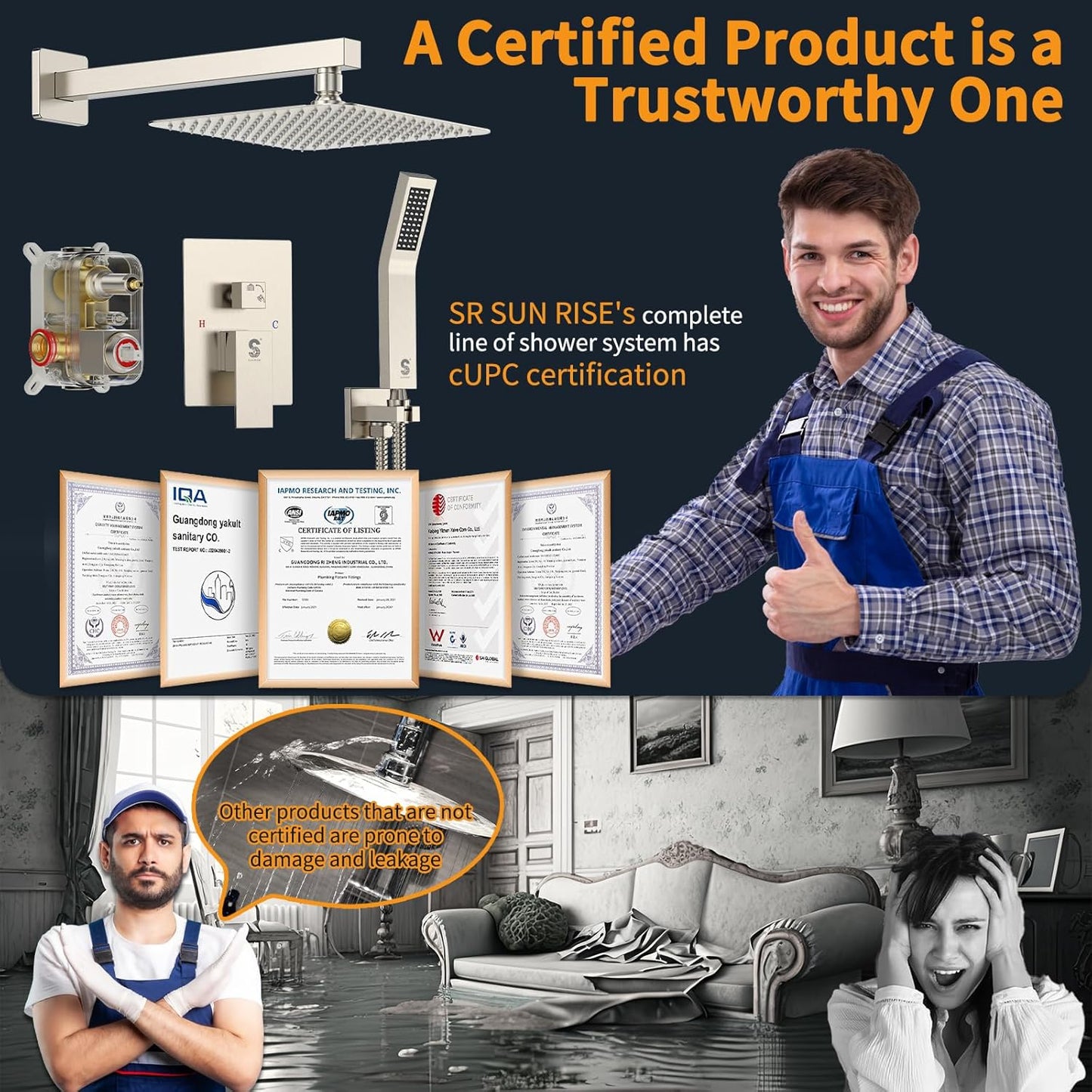 SR SUN RISE Shower Faucet Set Bathroom Square Rain Shower Head with Handheld Spray Wall Mounted Rainfall Shower Fixtures Brushed Nickel Shower Faucet Trim Repair Kits (Contain Shower Valve)10 Inches