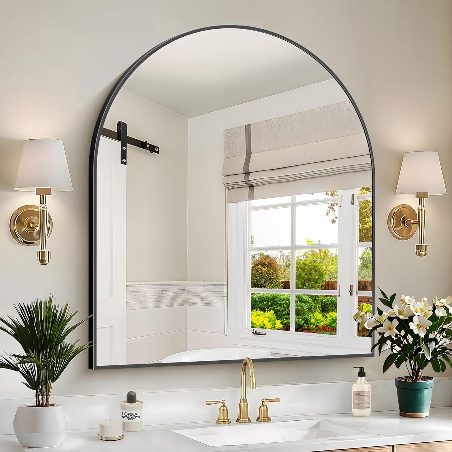 Black Arch Mirror, 30’’x36’’ Black Mirror for Bathroom, Wide Arched Bathroom Mirror with Metal Wall Mounted Mirror for Bedroom Living Room Entryway Modern