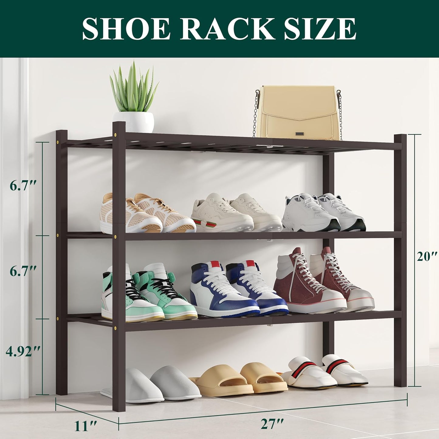 Smiry Shoe Rack, 3 Tier Bamboo Shoe Organizer, Stackable Free Standing Wooden Shoe Storage Shelf for Closet, Entryway, Front Door Entrance, Brown