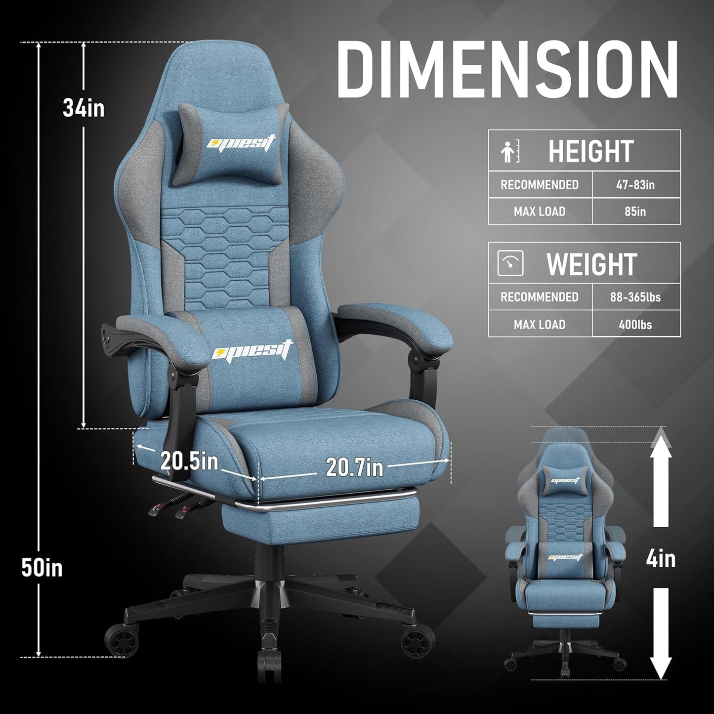 Gaming Chair, Computer Chairs for Adults with Lumbar Support and Massager, Comfortable Gamer Chair with Footrest & Pocket Spring Cushion, Ergonomic Home Office Chair, Blue, Fabric